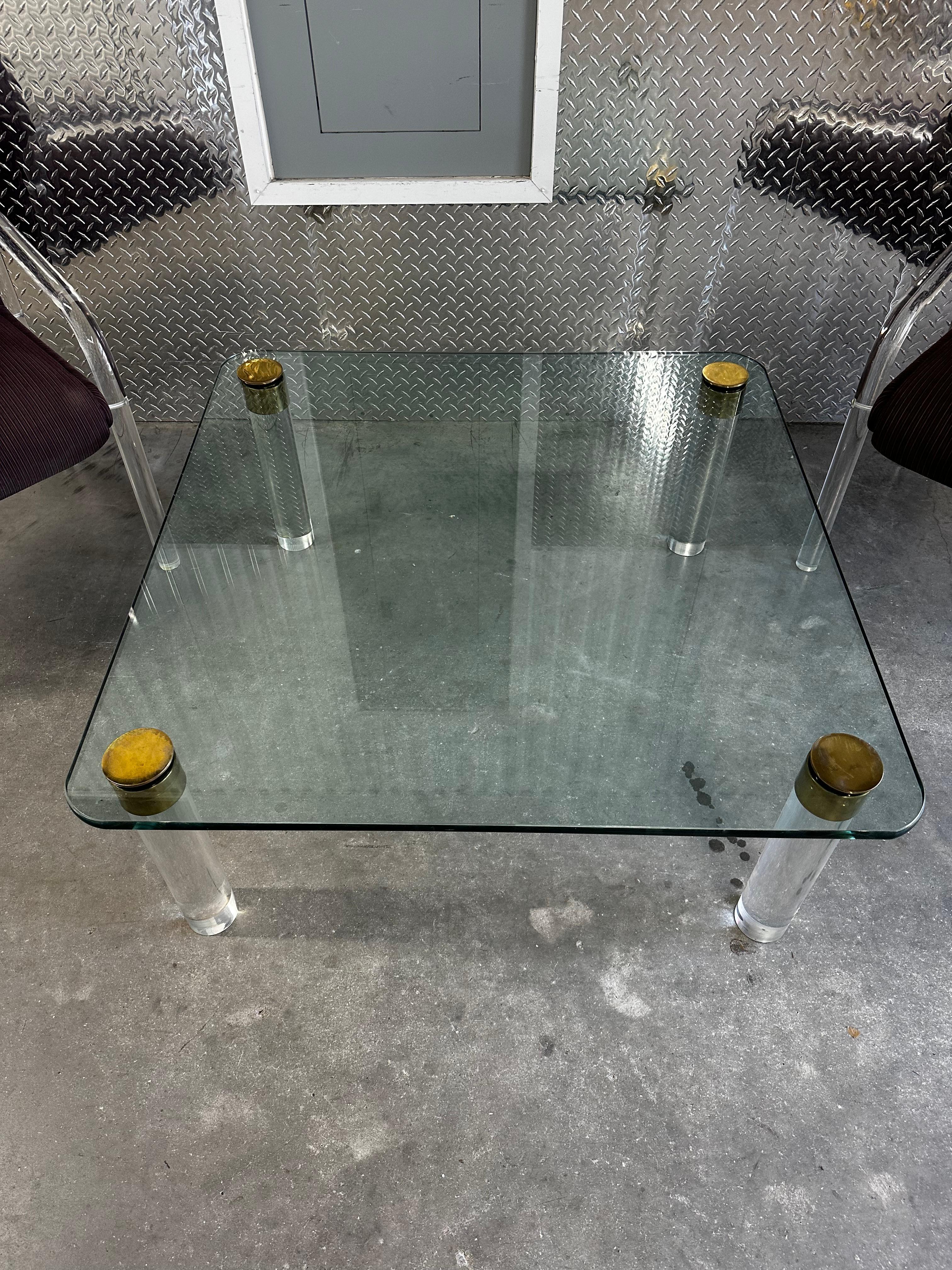 Late 20th Century 1970s Brass Cylinders Lucite Glass Cocktail Table by Pace For Sale