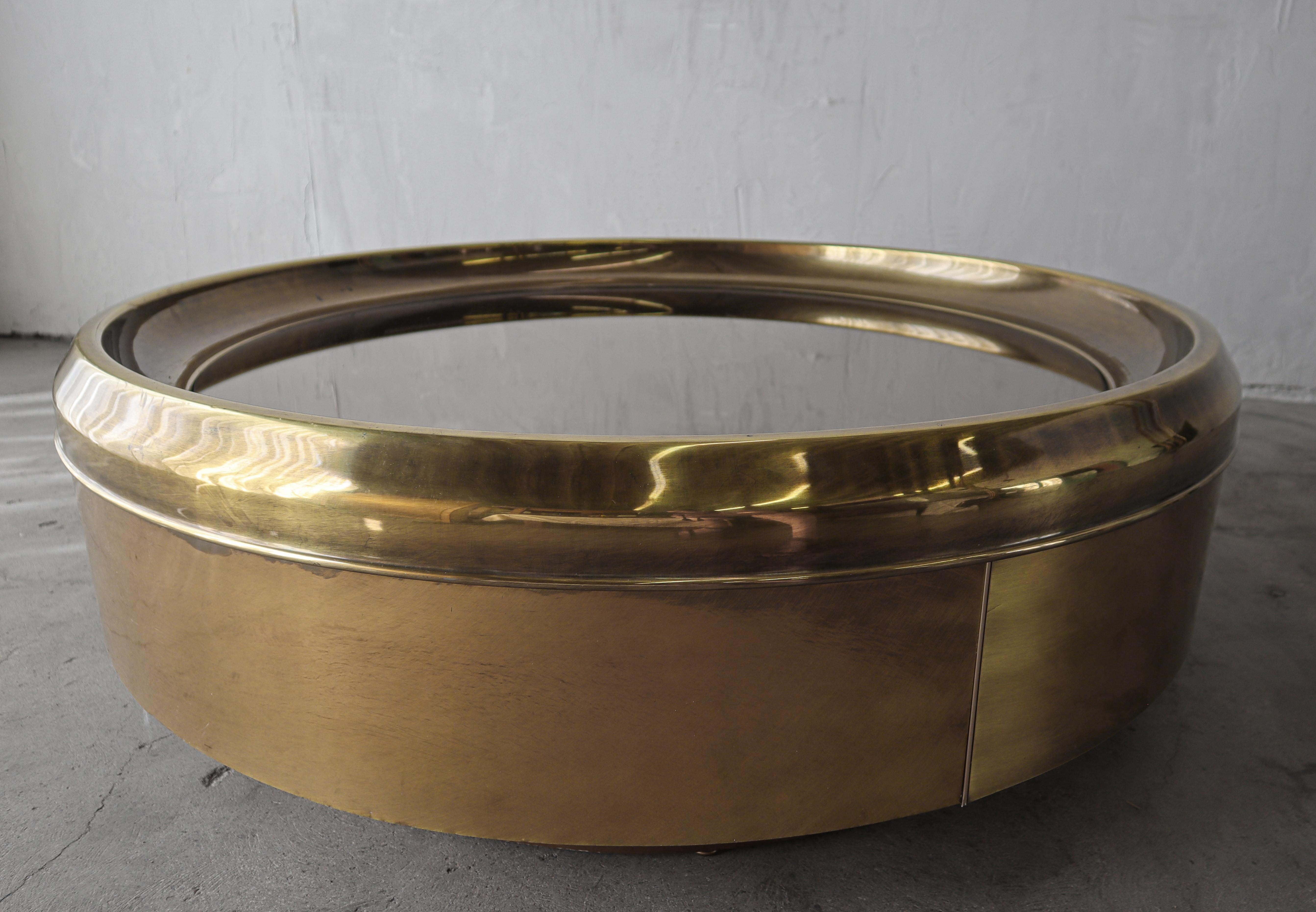 Mid-Century Modern 1970's Brass Drum Coffee Table by Mastercraft Furniture For Sale