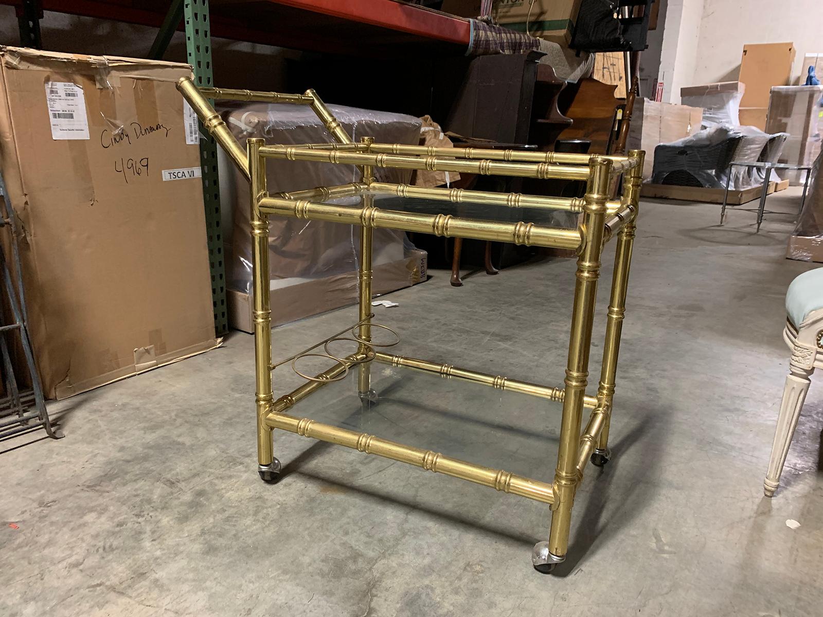 1970s Brass Faux Bamboo and Glass Bar Cart In Good Condition In Atlanta, GA