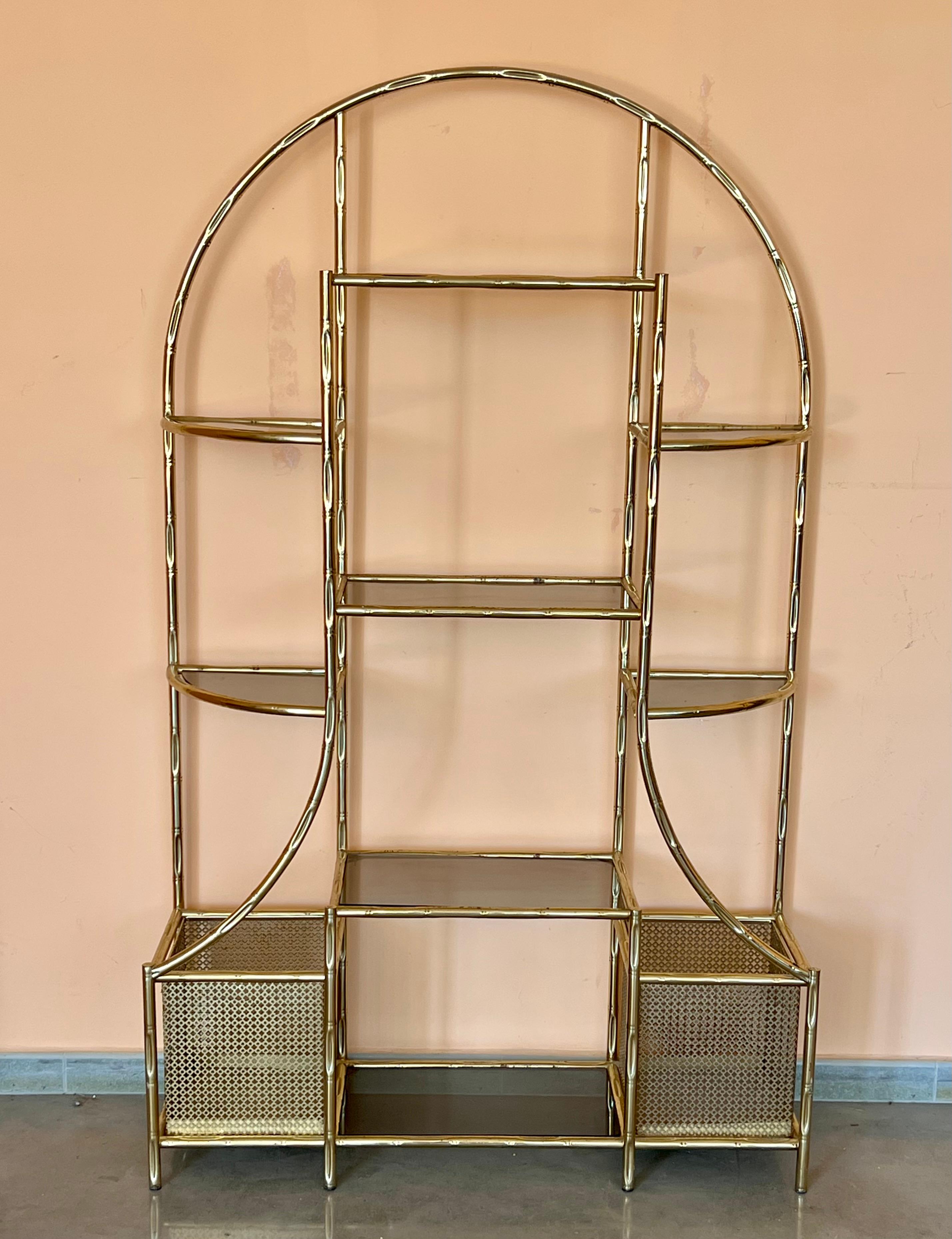 Mid-Century Modern 1970s Brass Faux Bamboo Glass Display Unit Hollywood Regency  1980s For Sale