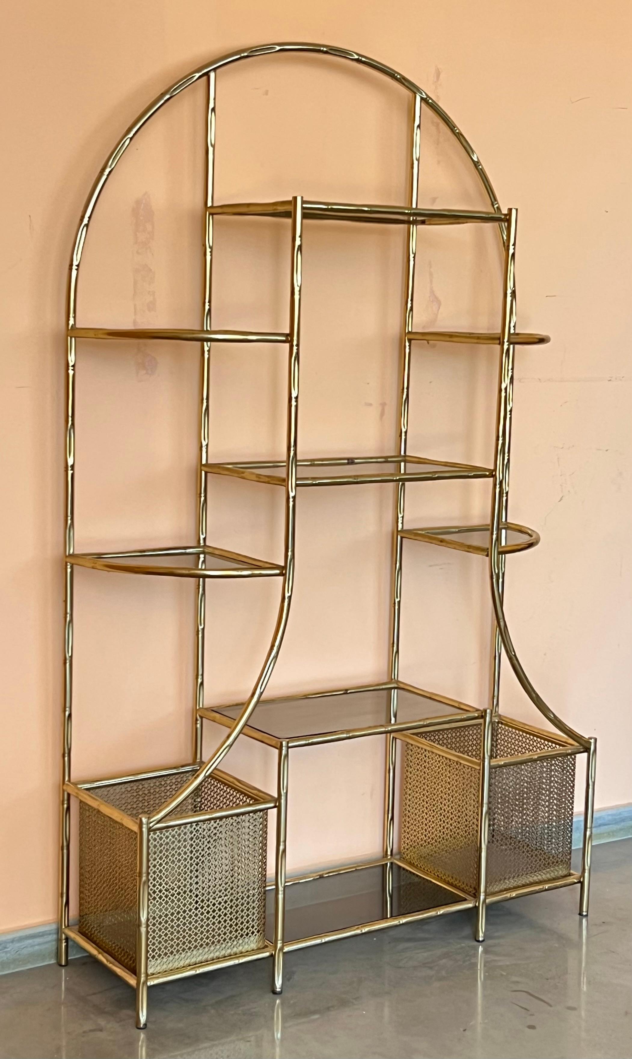 Spanish 1970s Brass Faux Bamboo Glass Display Unit Hollywood Regency  1980s For Sale