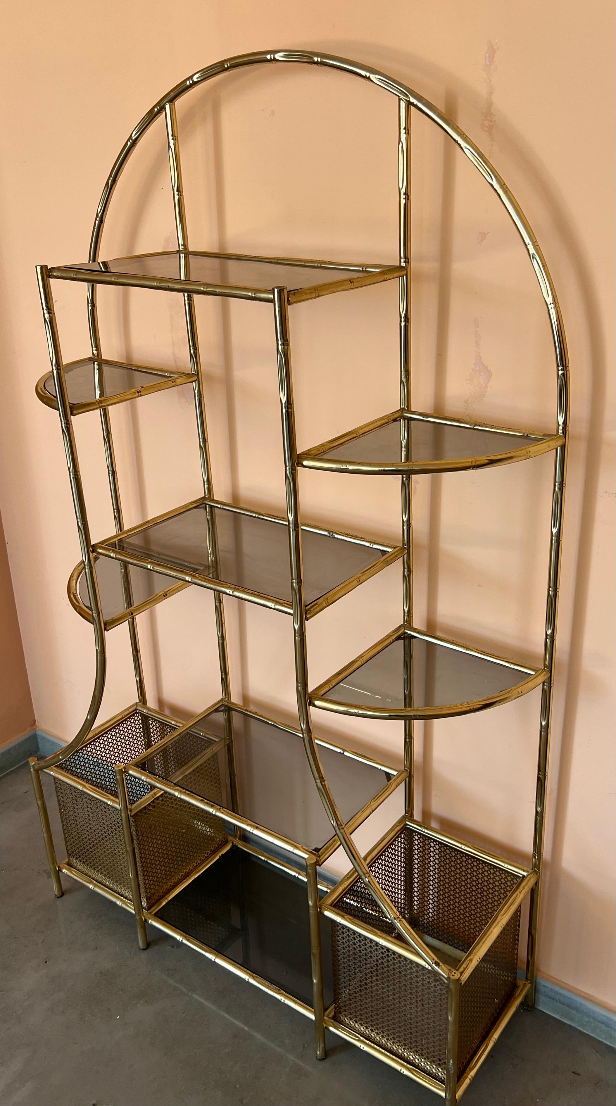 19th Century 1970s Brass Faux Bamboo Glass Display Unit Hollywood Regency  1980s For Sale