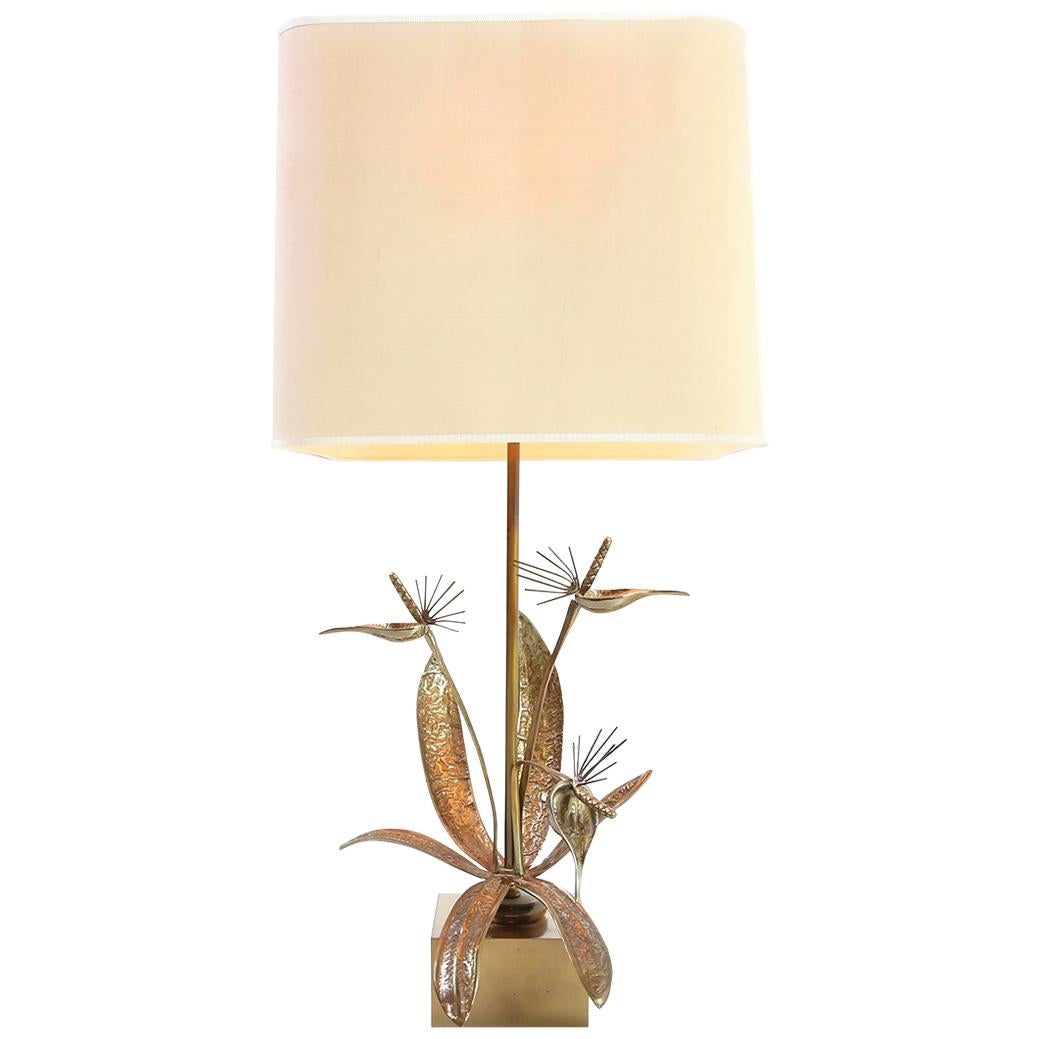 1970s Brass Flower Table Lamp in the Manner of Maison Charles