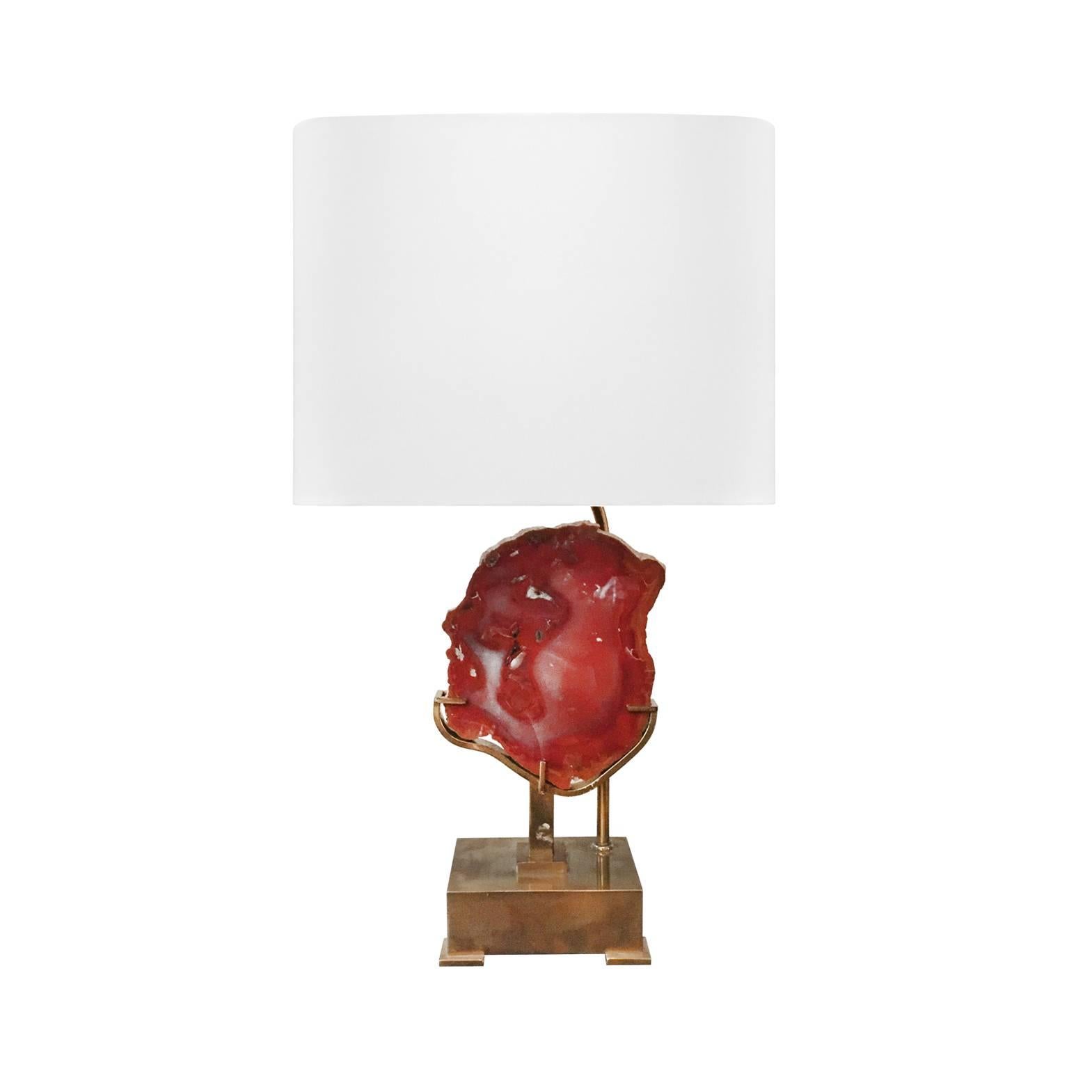 1970s Brass Footed Table Lamp with Agate Slice by Willy Daro