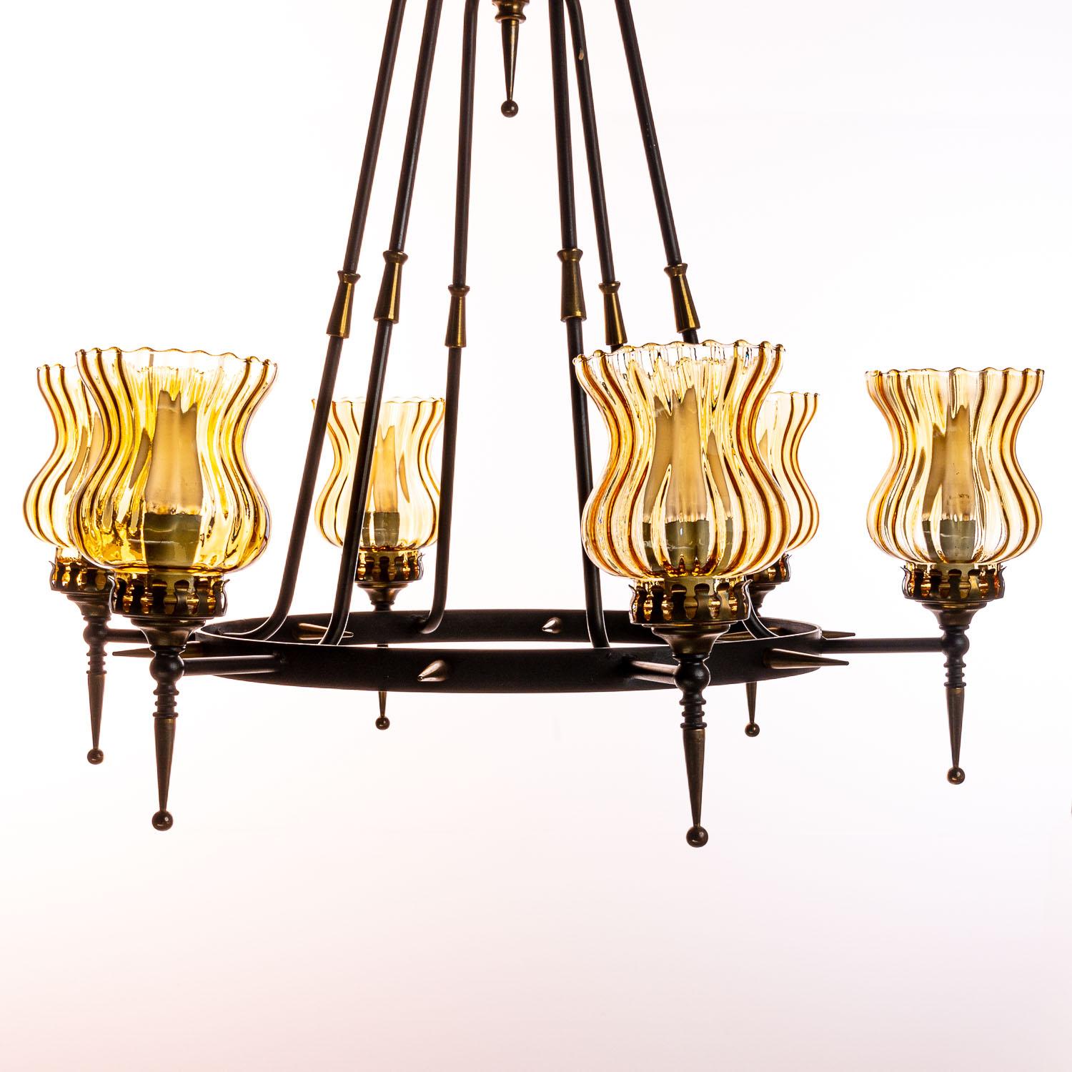 1970's Brass, Glass and Iron Chandelier by Sciolari For Sale 6