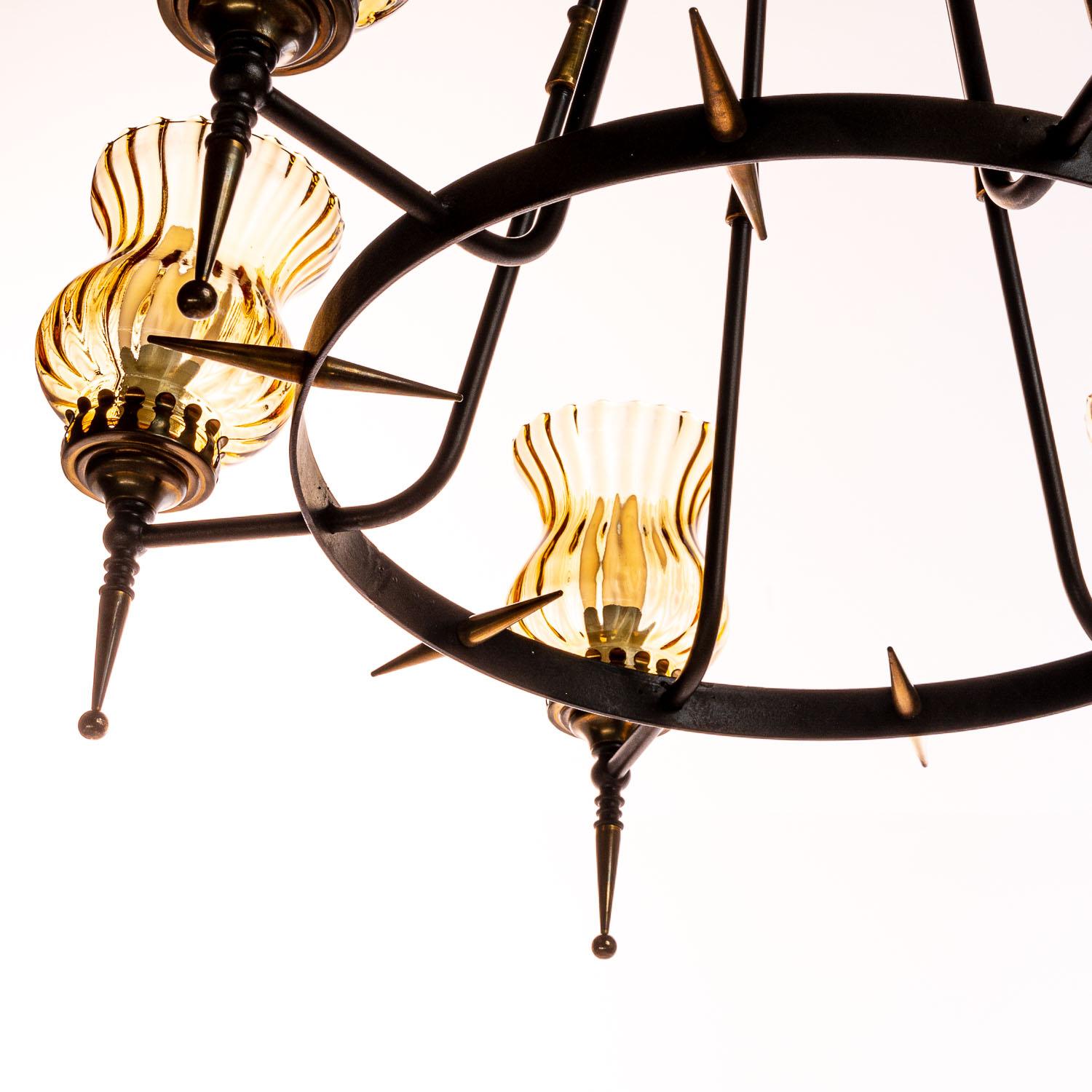 20th Century 1970's Brass, Glass and Iron Chandelier by Sciolari For Sale