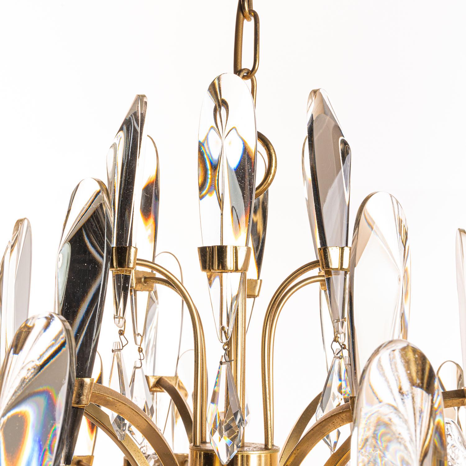 20th Century 1970's Brass & Glass Chandelier by Gaetano Sciolari For Sale
