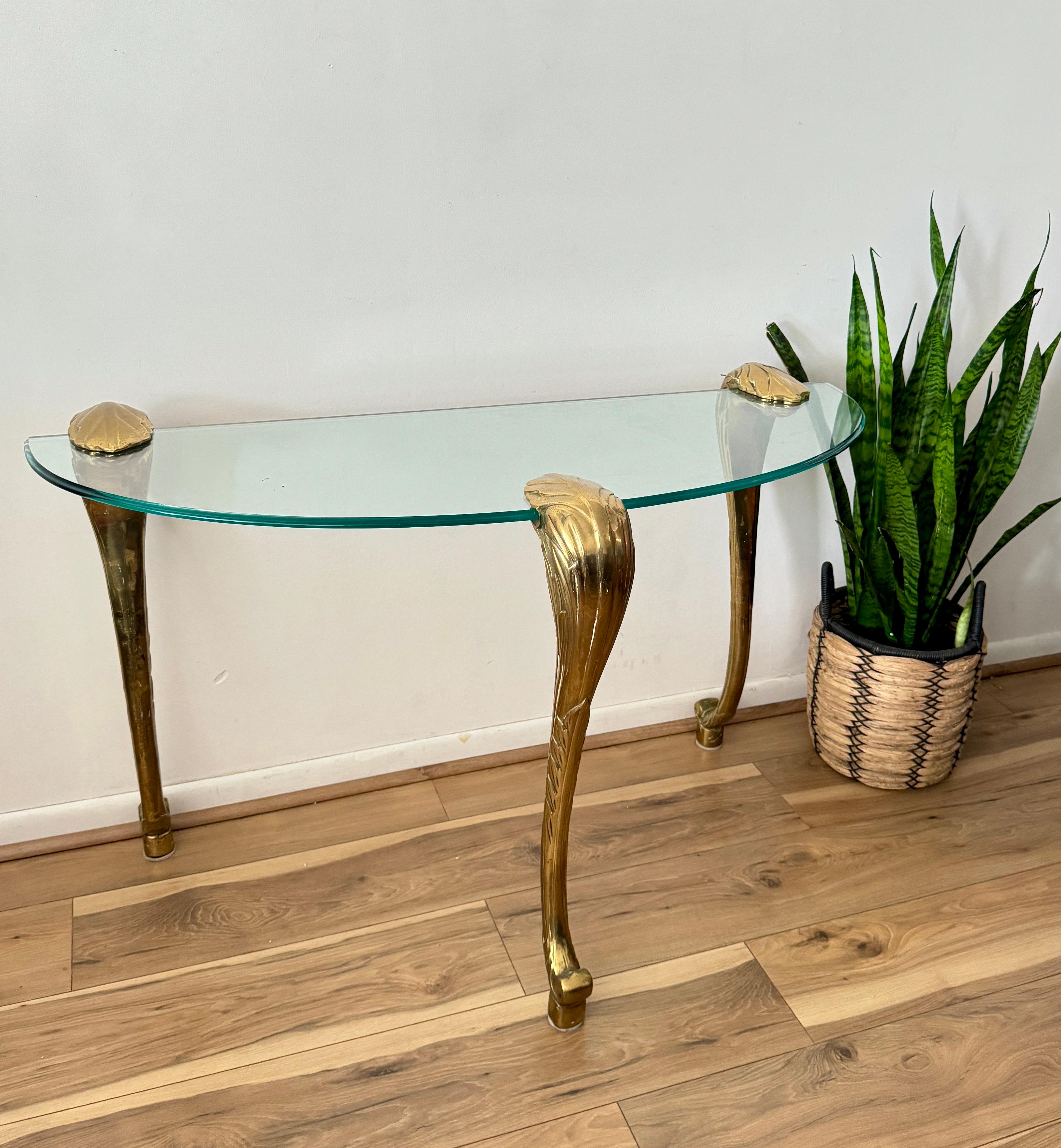 Hollywood Regency 1970s Brass Glit and Half Moon Glass Console Table in the Style of p.e. Guerin For Sale