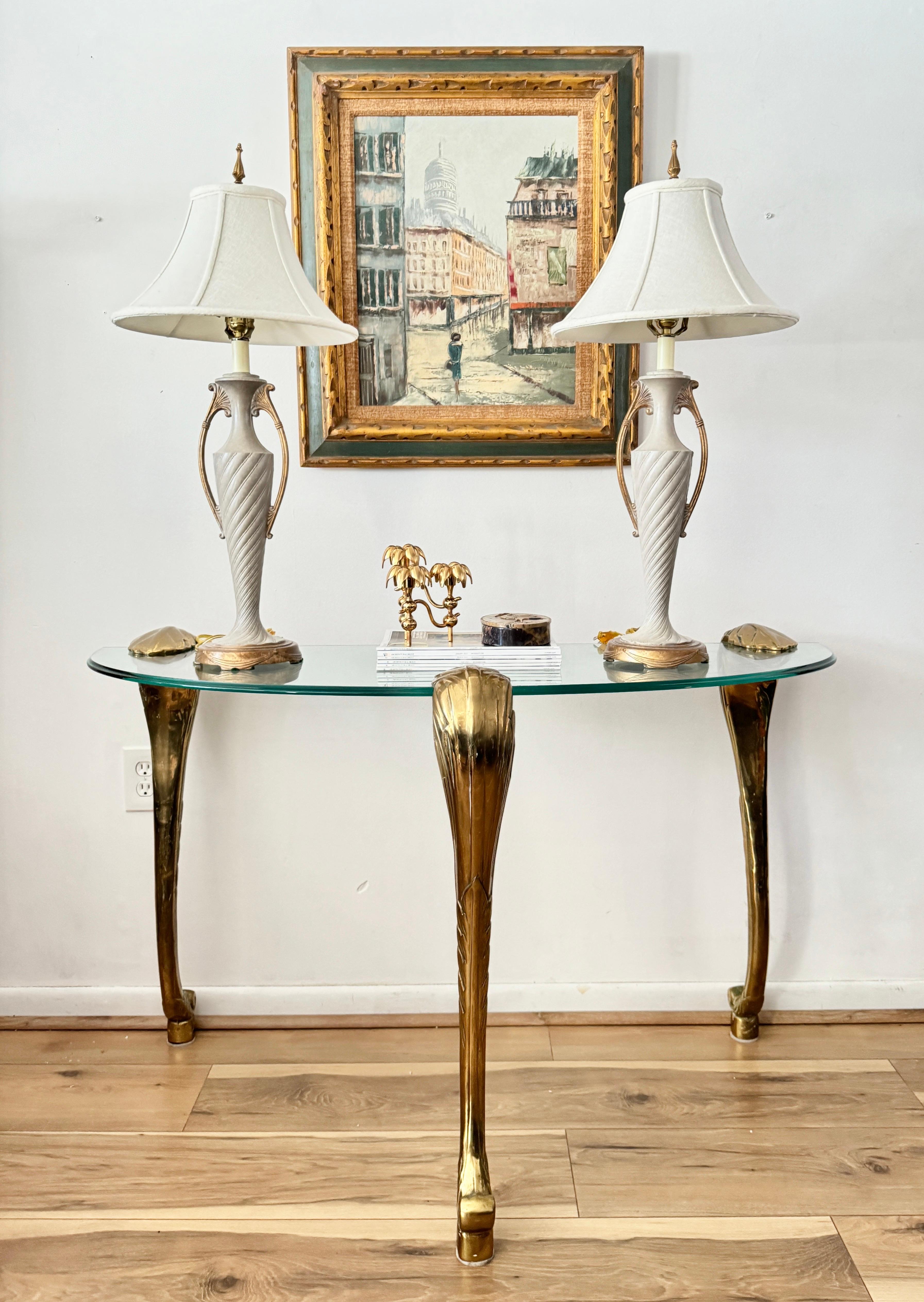 North American 1970s Brass Glit and Half Moon Glass Console Table in the Style of p.e. Guerin For Sale