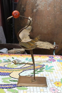 1970s Brass Heron with Red Jade Head