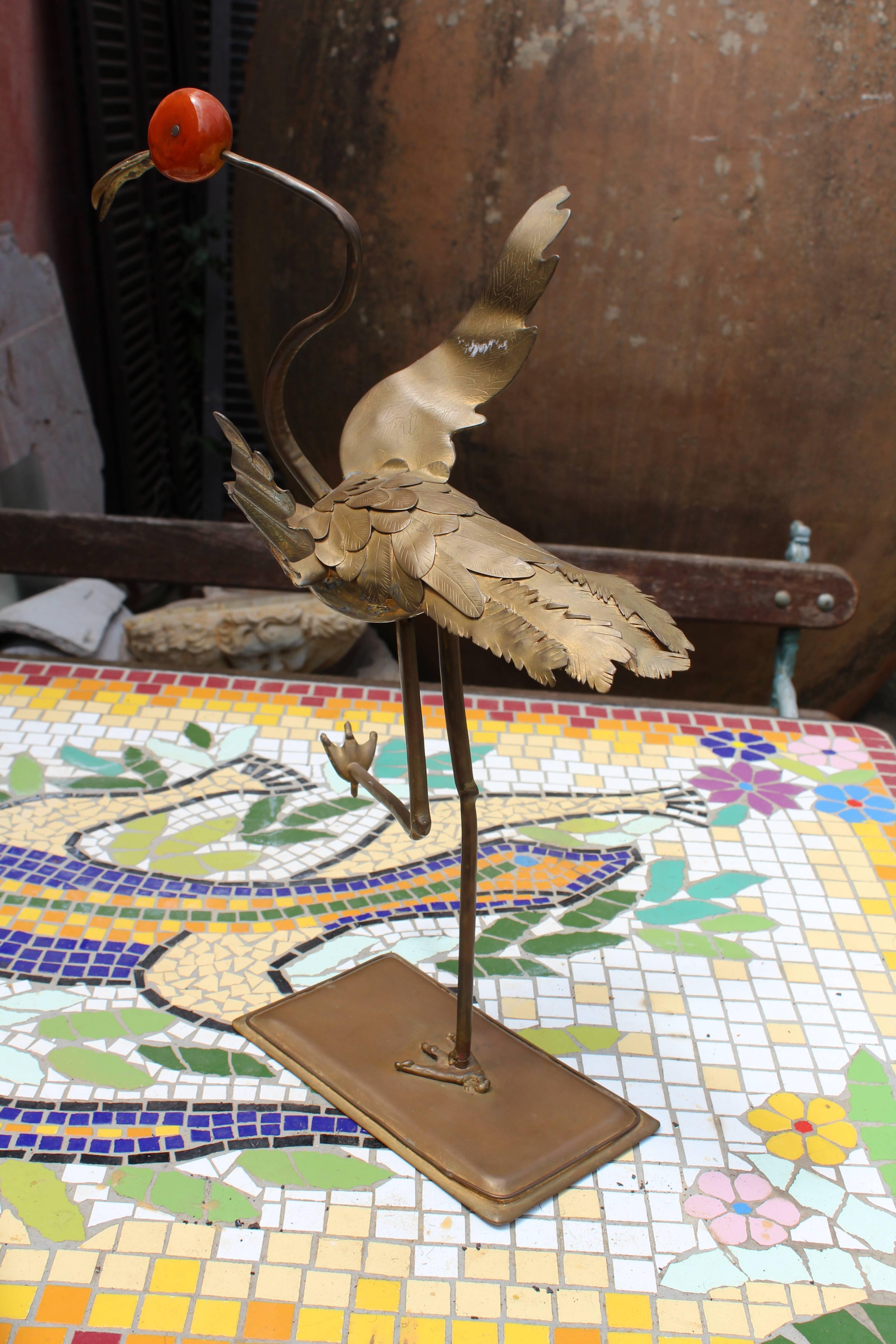 Post-Modern 1970s Brass Heron with Red Jade Head