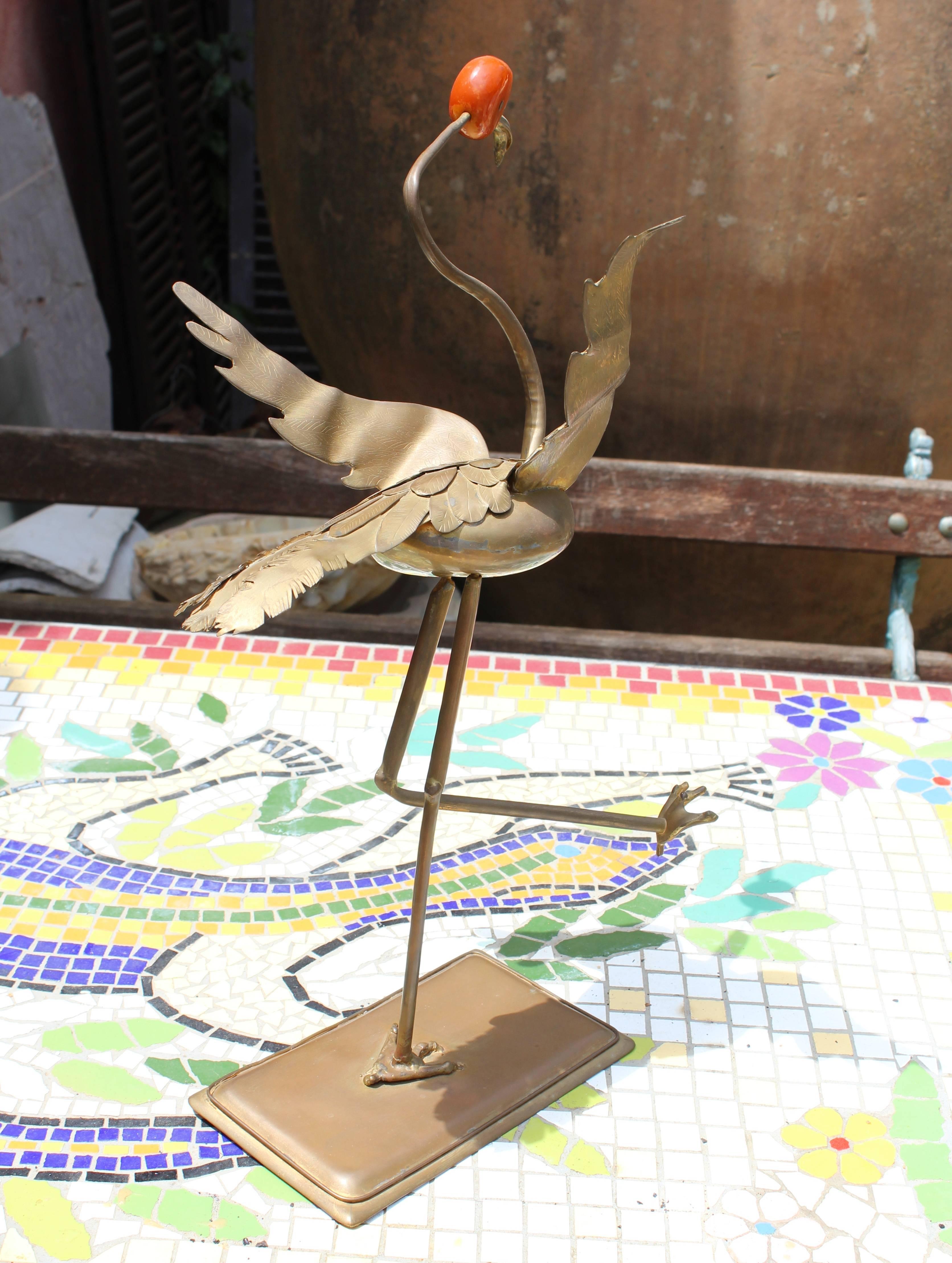 1970s Brass Heron with Red Jade Head In Good Condition In Marbella, ES