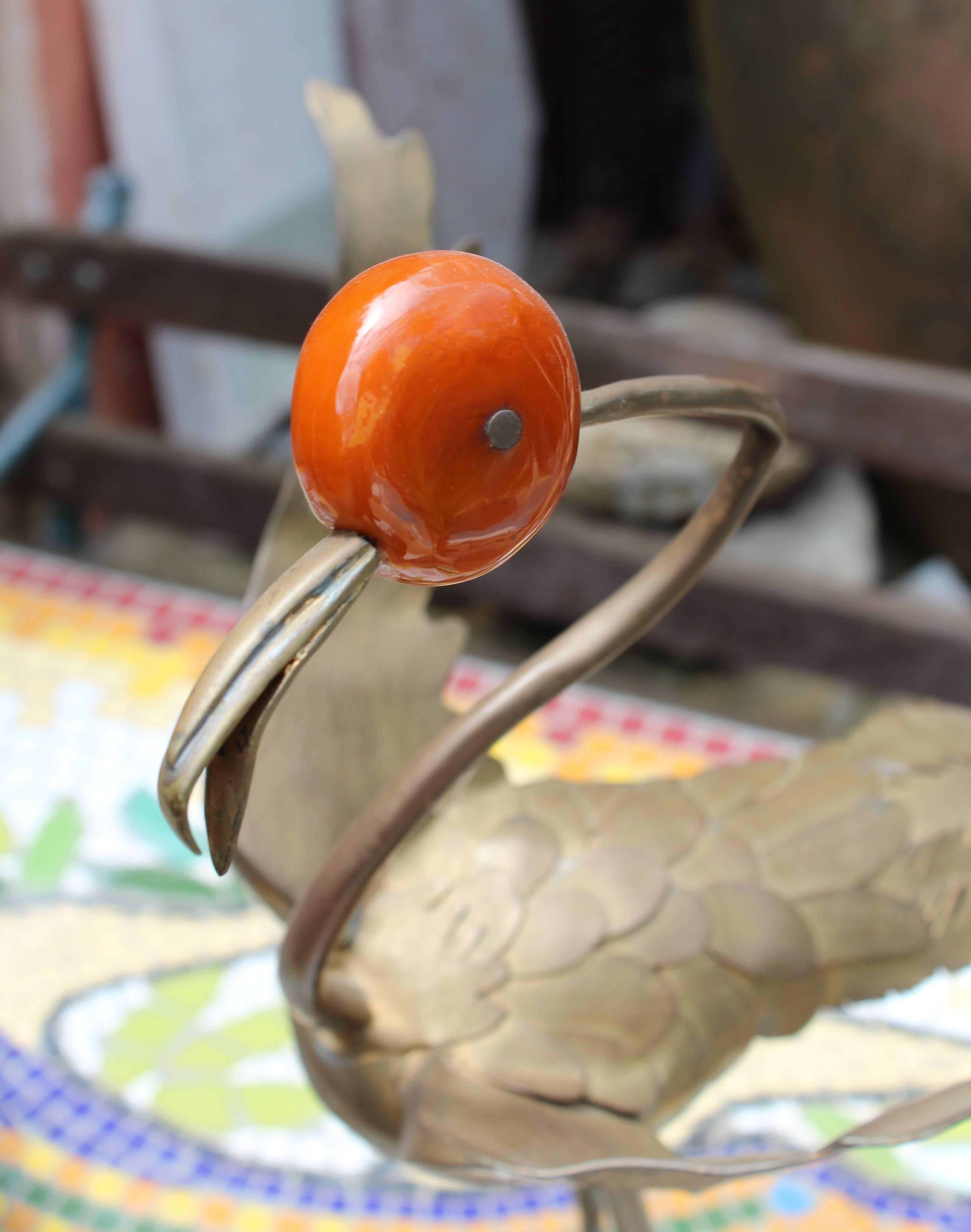 20th Century 1970s Brass Heron with Red Jade Head