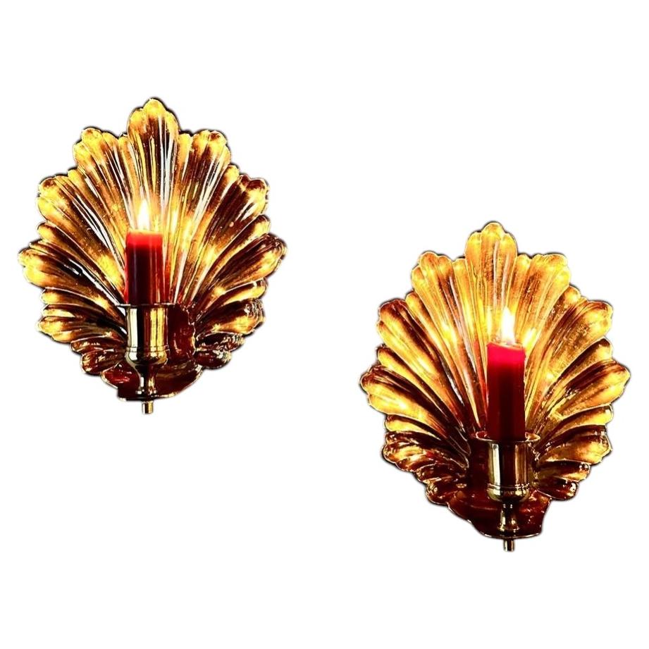 1970s Brass Hollywood Regency Shell Candleholders For Sale