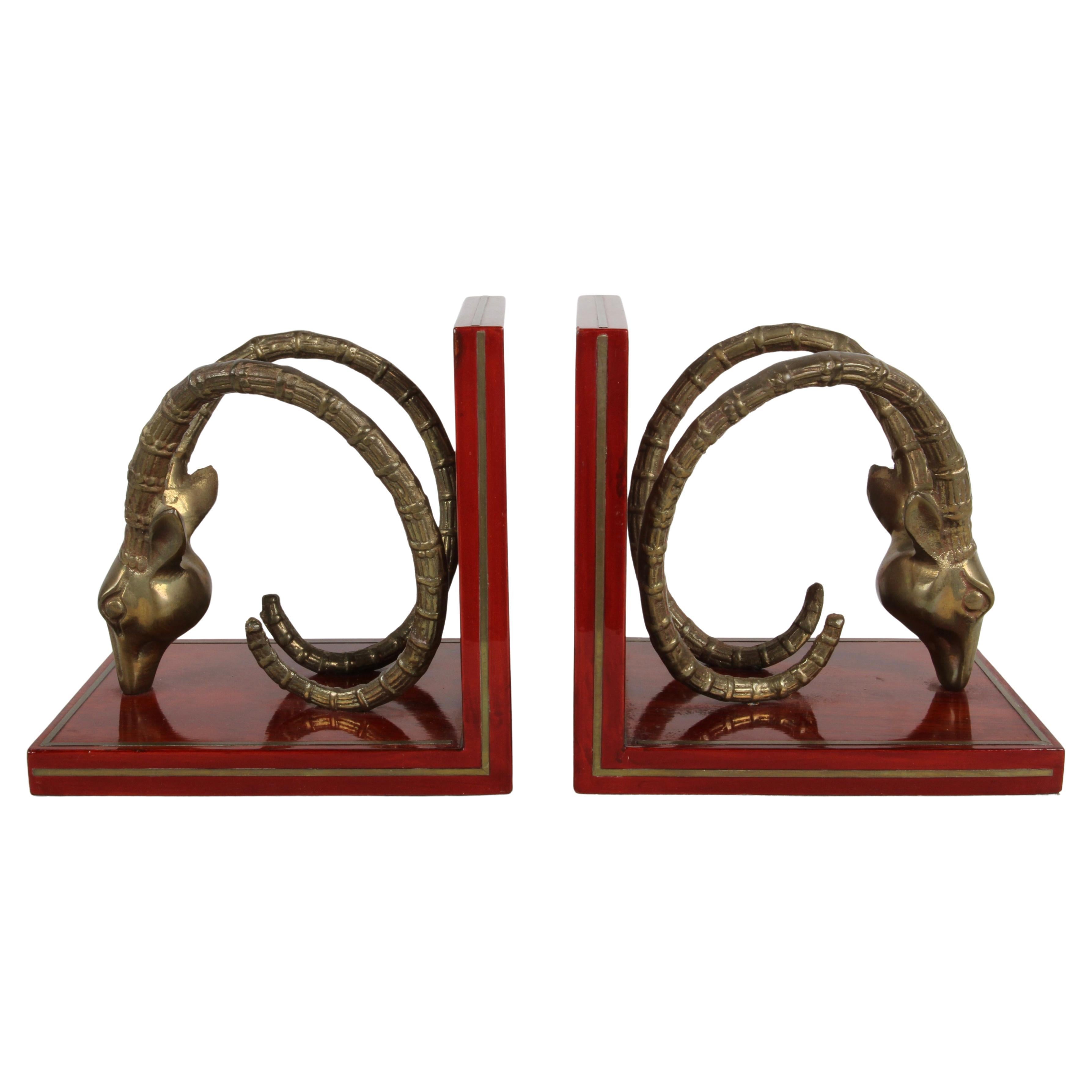 1970s Brass Ibex Bookends on Wood Bases in the style of Alain Chervet