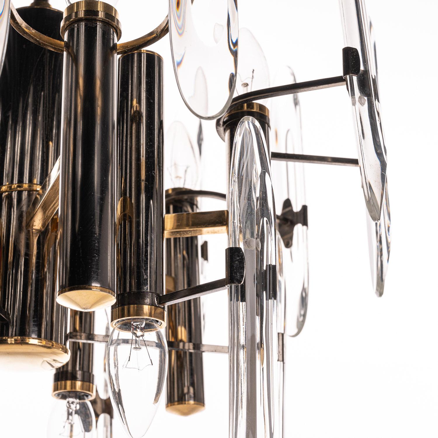 Italian 1970's Brass, Iron & Glass Chandelier by Gaetano Sciolari For Sale