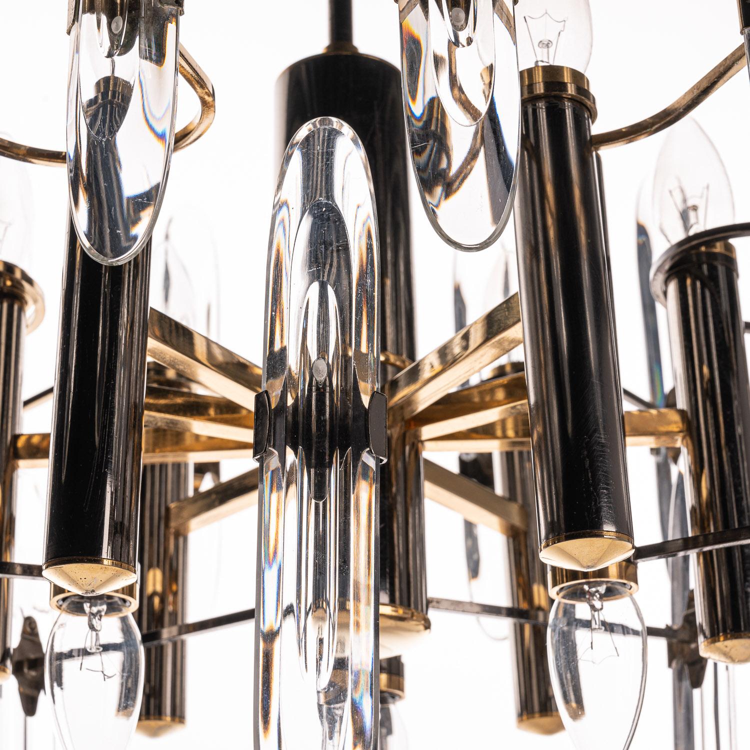 20th Century 1970's Brass, Iron & Glass Chandelier by Gaetano Sciolari For Sale
