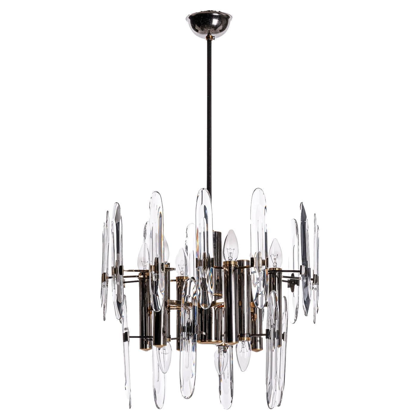 Lustre en laiton, fer et verre des années 1970 de Gaetano Sciolari