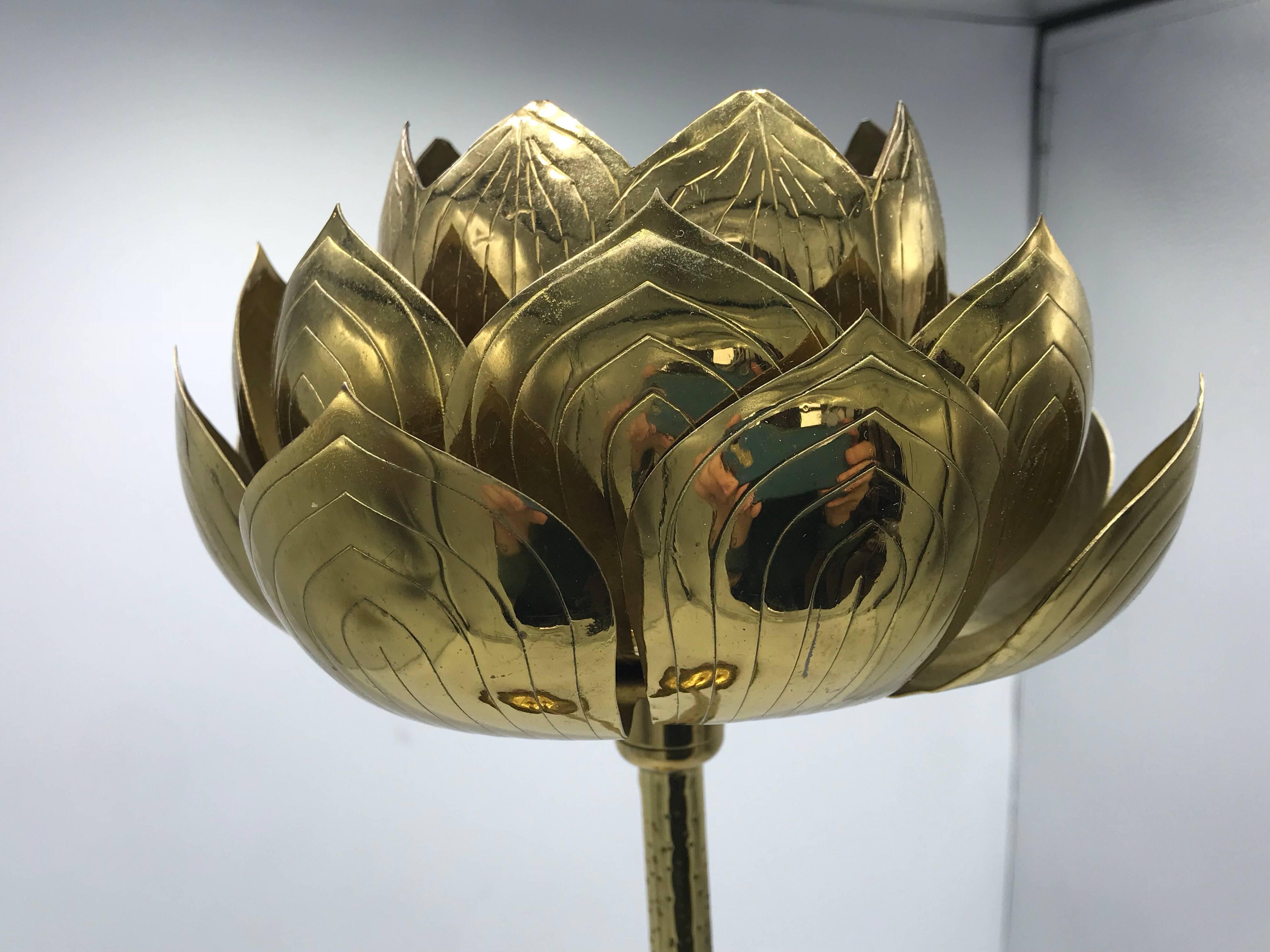 Chinoiserie 1970s Brass Lotus Sculpture Candleholder