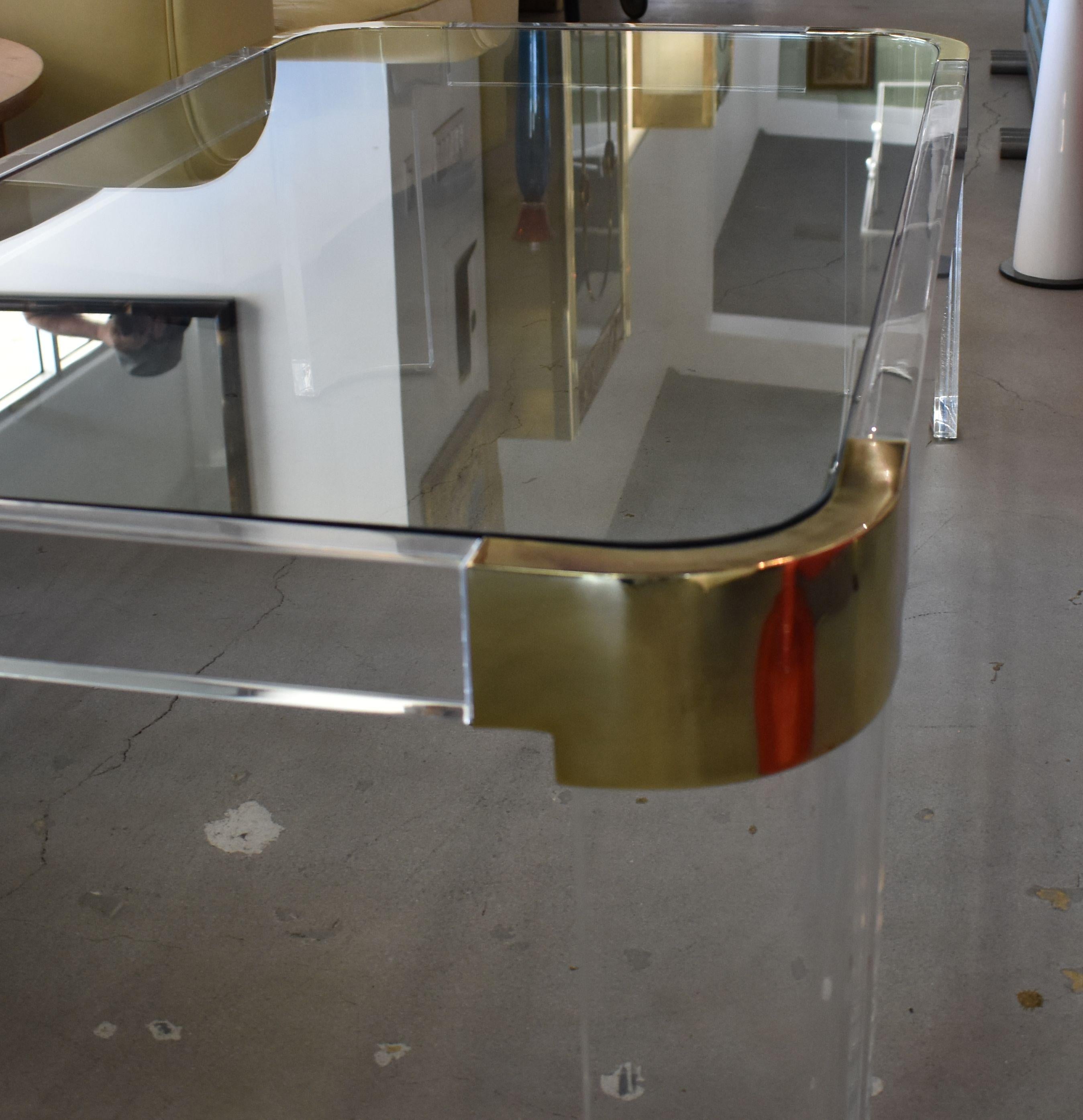 Mid-Century Modern 1970s Brass & Lucite Coffee Table Signed by Charles Hollis Jones
