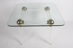1970s Brass and Lucite Game Table with Glass Top, Four Brass Balls on Saber Legs