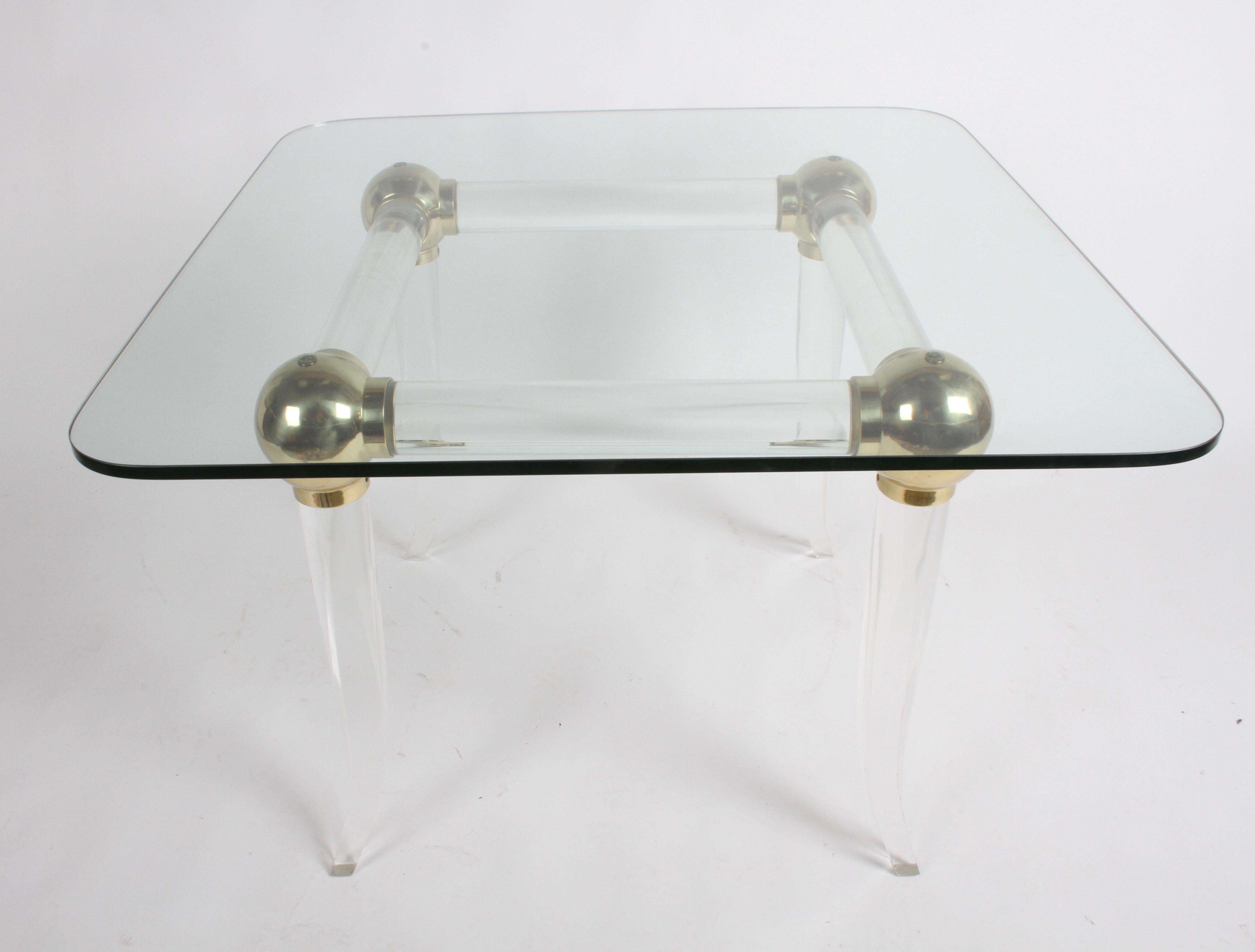 Late 20th Century 1970s Brass and Lucite Game Table with Glass Top, Four Brass Balls on Saber Legs For Sale