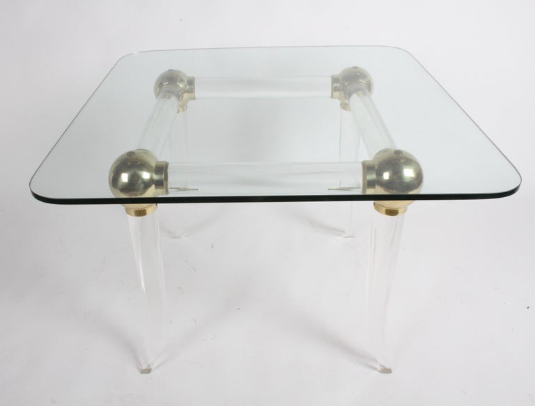 1970s Brass and Lucite Game Table with Glass Top, Four Brass Balls on Saber Legs For Sale 1