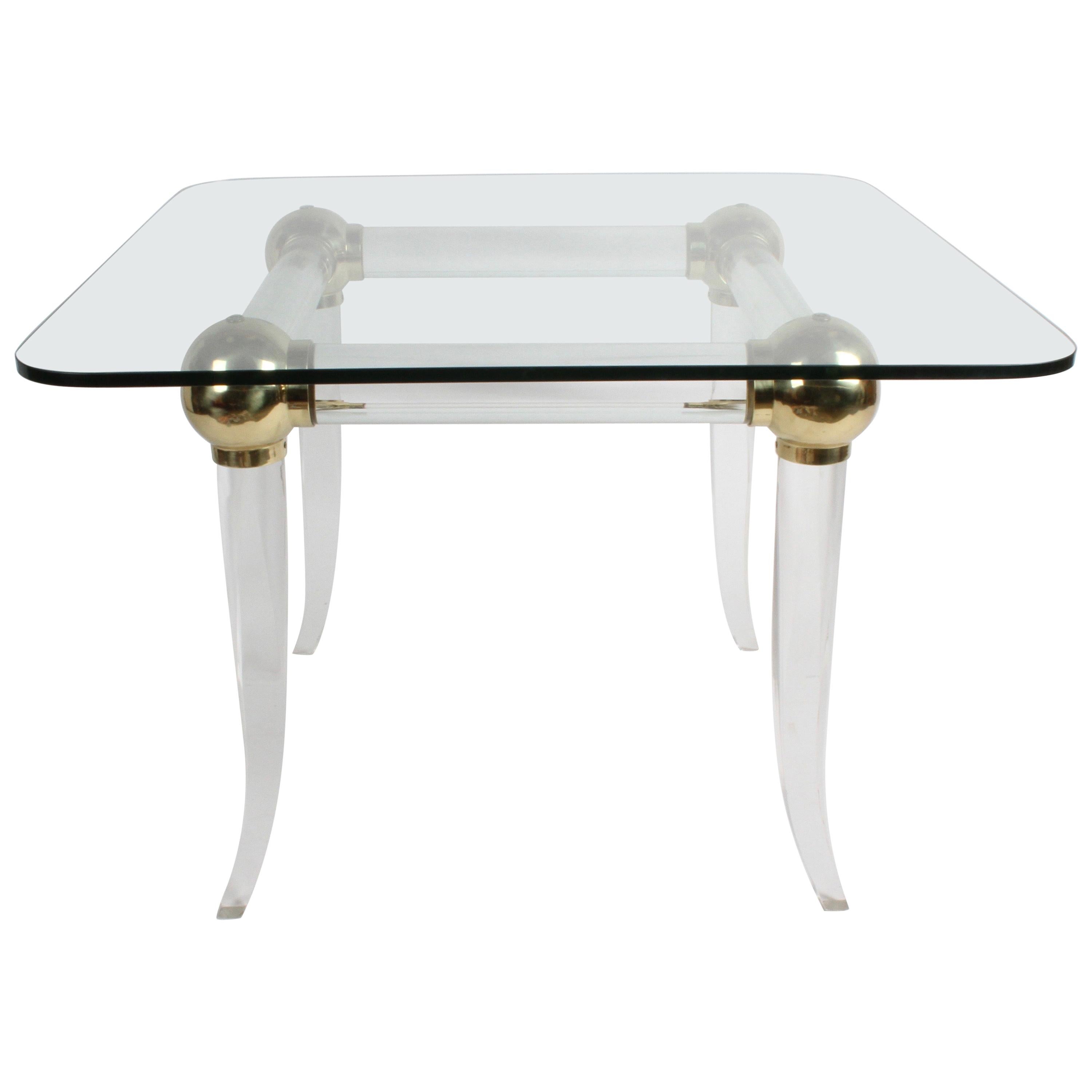 1970s Brass and Lucite Game Table with Glass Top, Four Brass Balls on Saber Legs For Sale