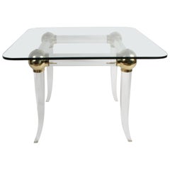 1970s Brass and Lucite Game Table with Glass Top, Four Brass Balls on Saber Legs
