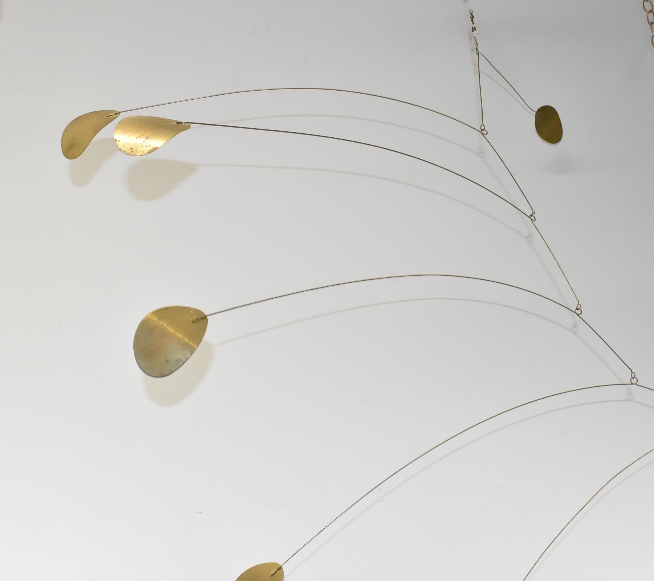 1970's Brass Mobile In the Style of Alexander Calder. Signed initial JL. Great condition. Hanging mobile measures 55