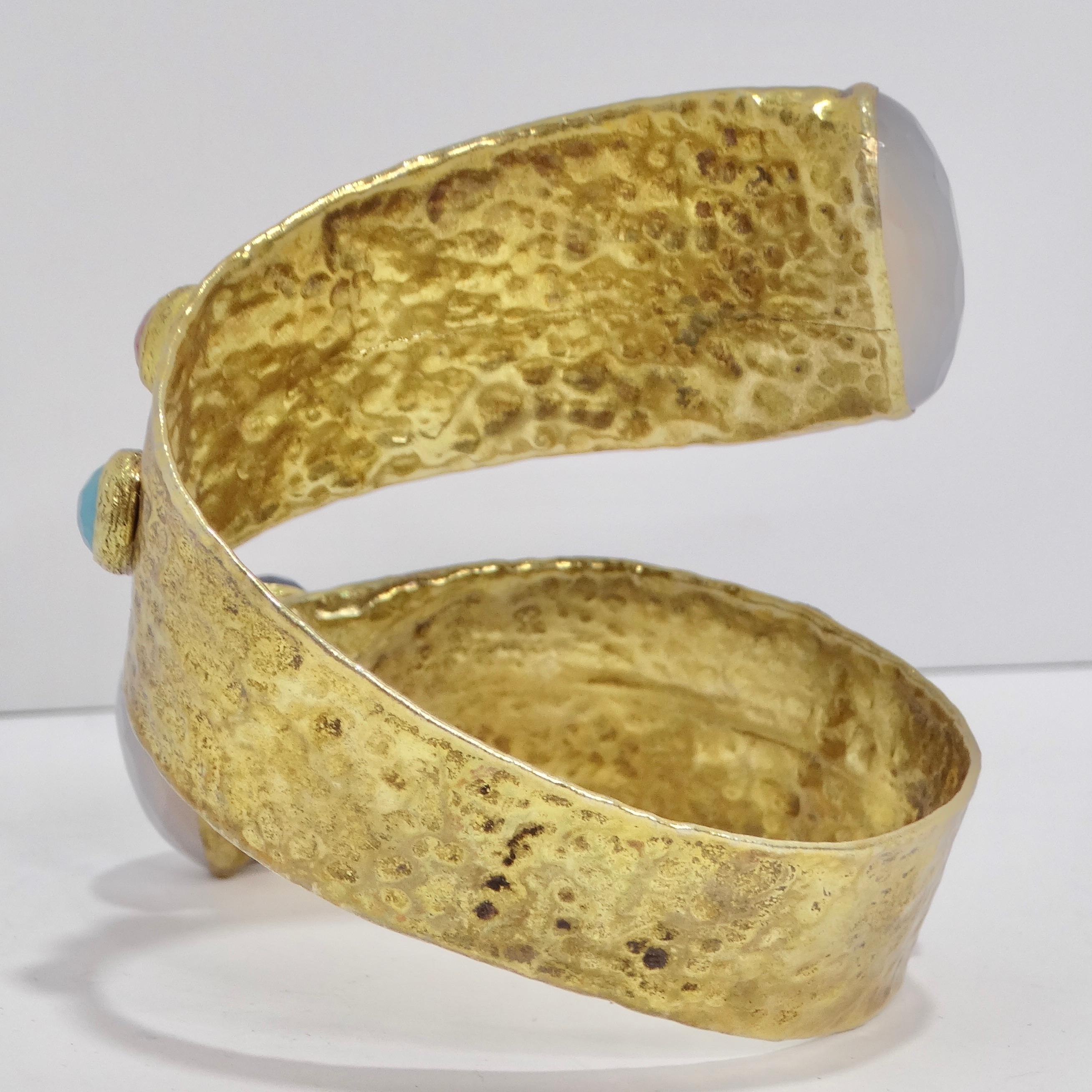 Women's or Men's 1970s Brass Multicolor Gemstone Cuff Bracelet For Sale