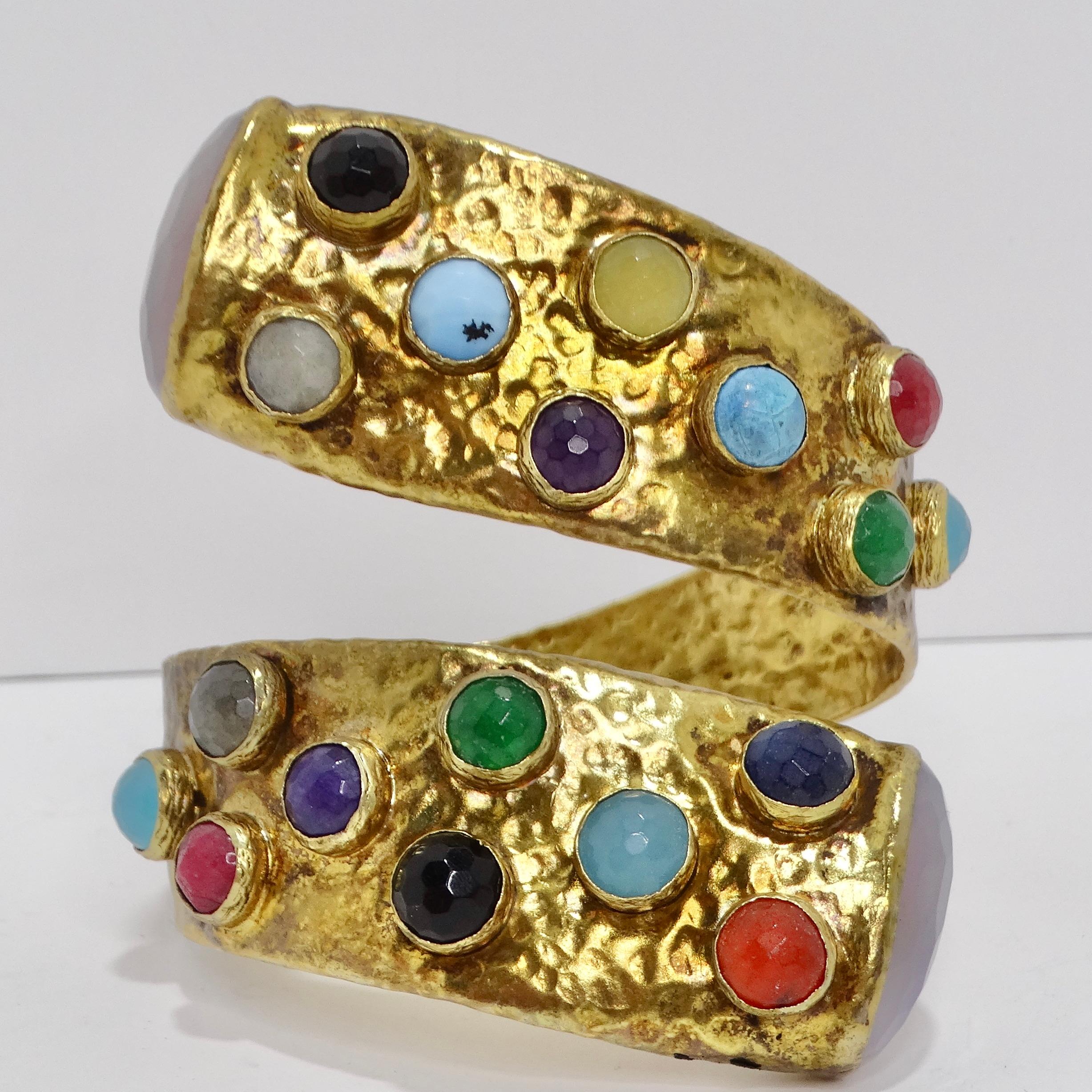 1970s Brass Multicolor Gemstone Cuff Bracelet For Sale 2