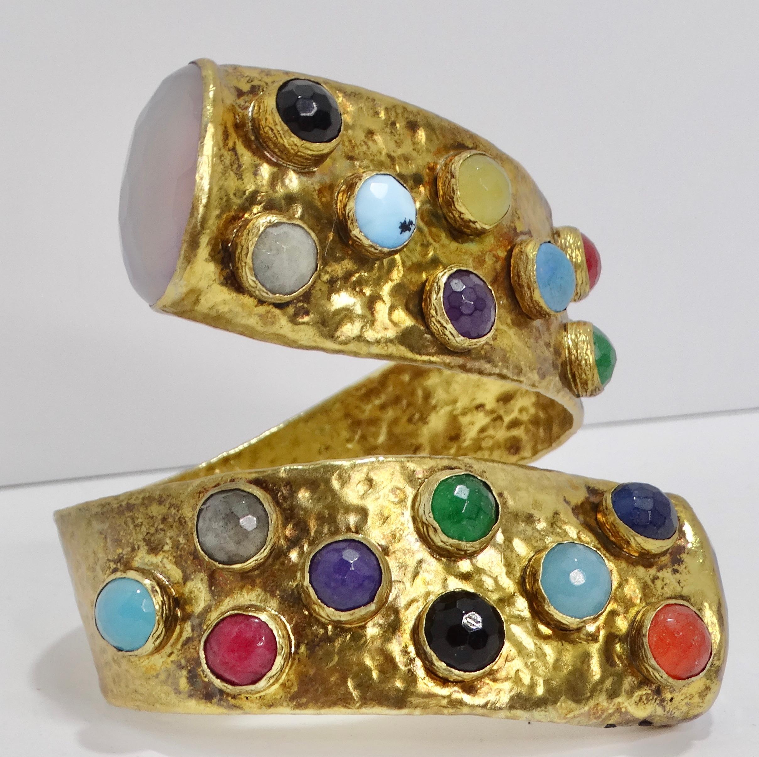 1970s Brass Multicolor Gemstone Cuff Bracelet For Sale 3