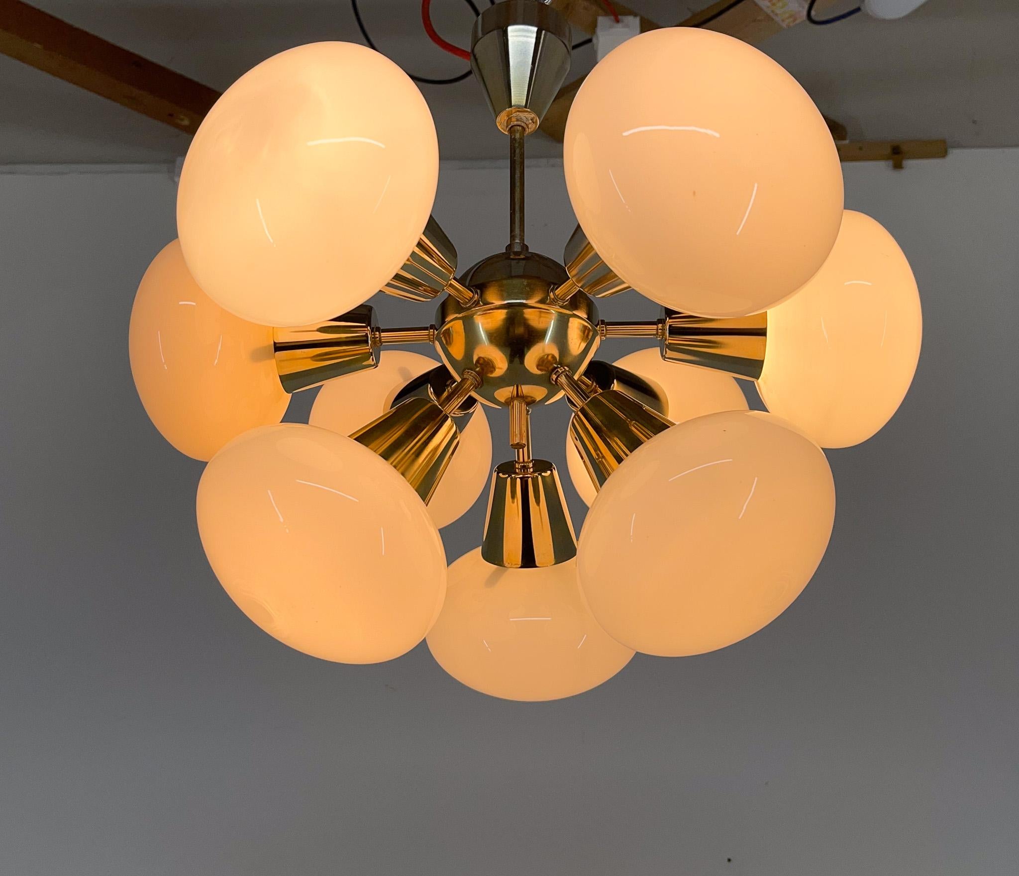 1970s Brass & Opaline Glass Sputnik Chandelier by Kamenicky Senov 4