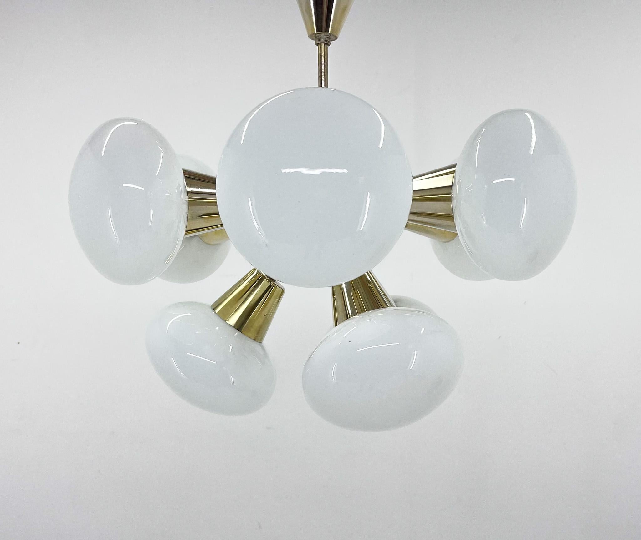 1970s Brass & Opaline Glass Sputnik Chandelier by Kamenicky Senov 5