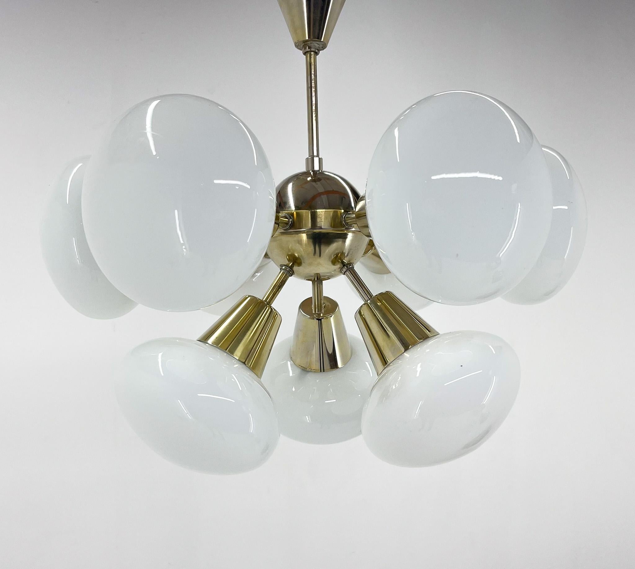 Mid-Century Modern 1970s Brass & Opaline Glass Sputnik Chandelier by Kamenicky Senov
