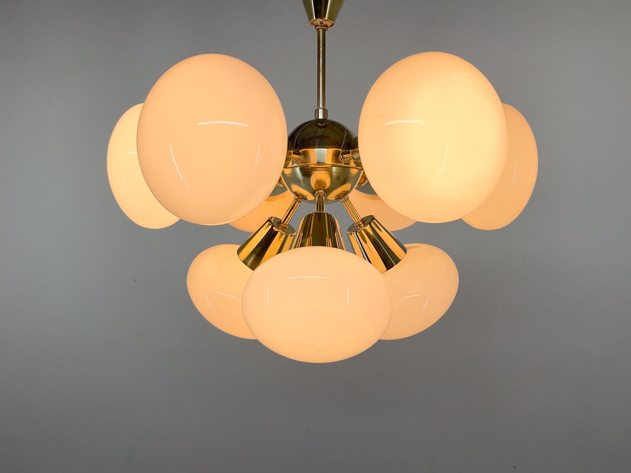 Czech 1970s Brass & Opaline Glass Sputnik Chandelier by Kamenicky Senov