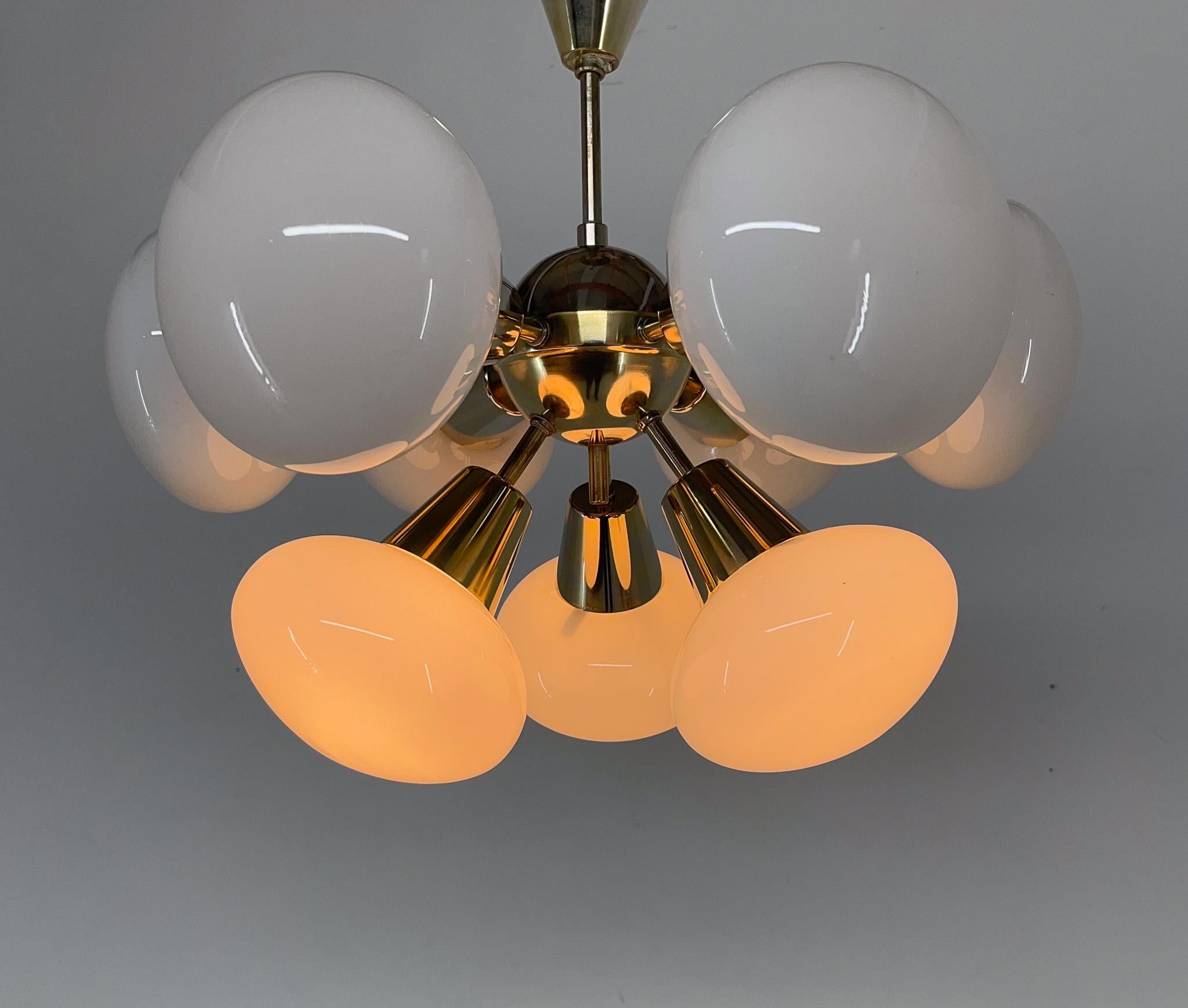 20th Century 1970s Brass & Opaline Glass Sputnik Chandelier by Kamenicky Senov