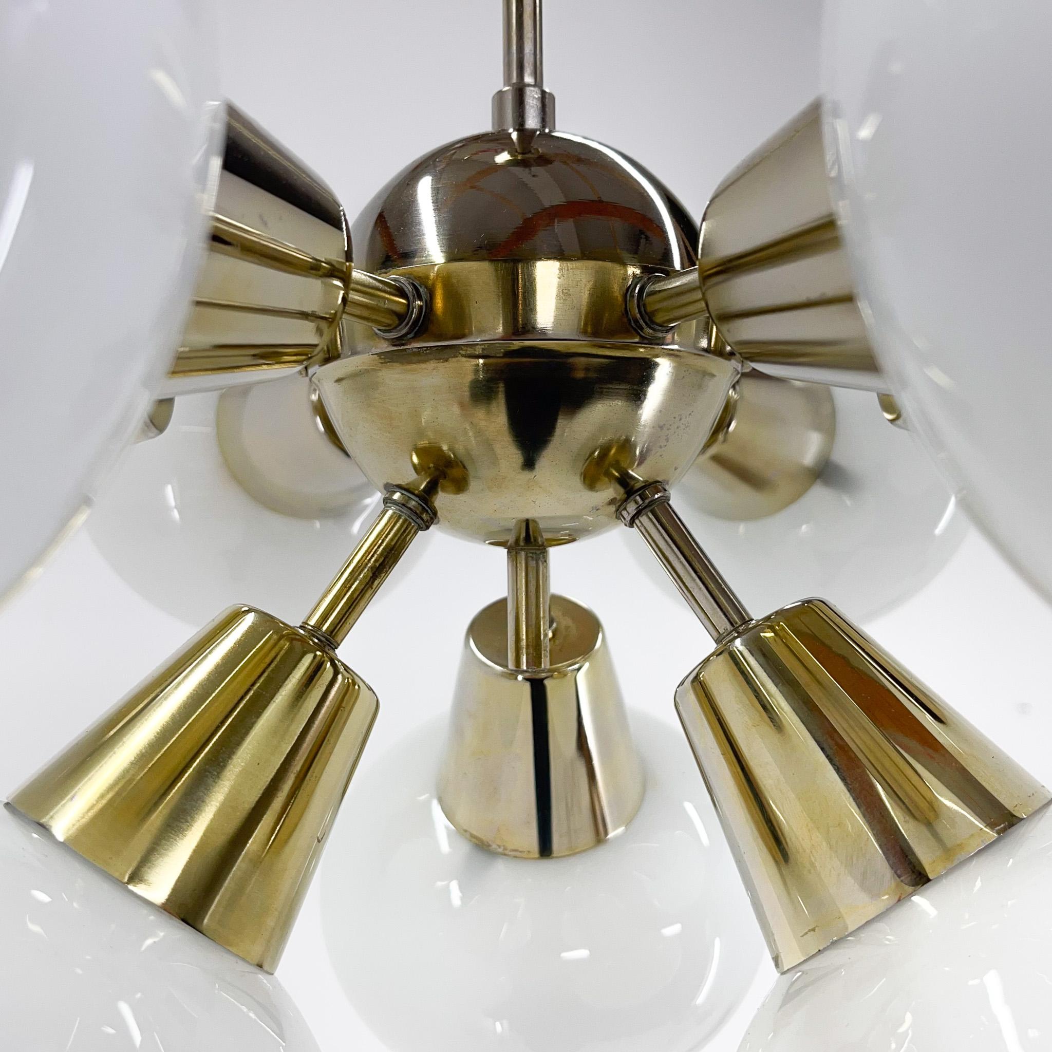 1970s Brass & Opaline Glass Sputnik Chandelier by Kamenicky Senov 1