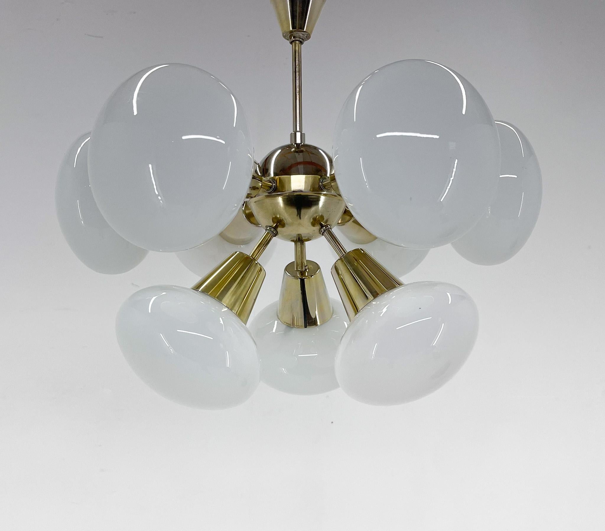 1970s Brass & Opaline Glass Sputnik Chandelier by Kamenicky Senov 3