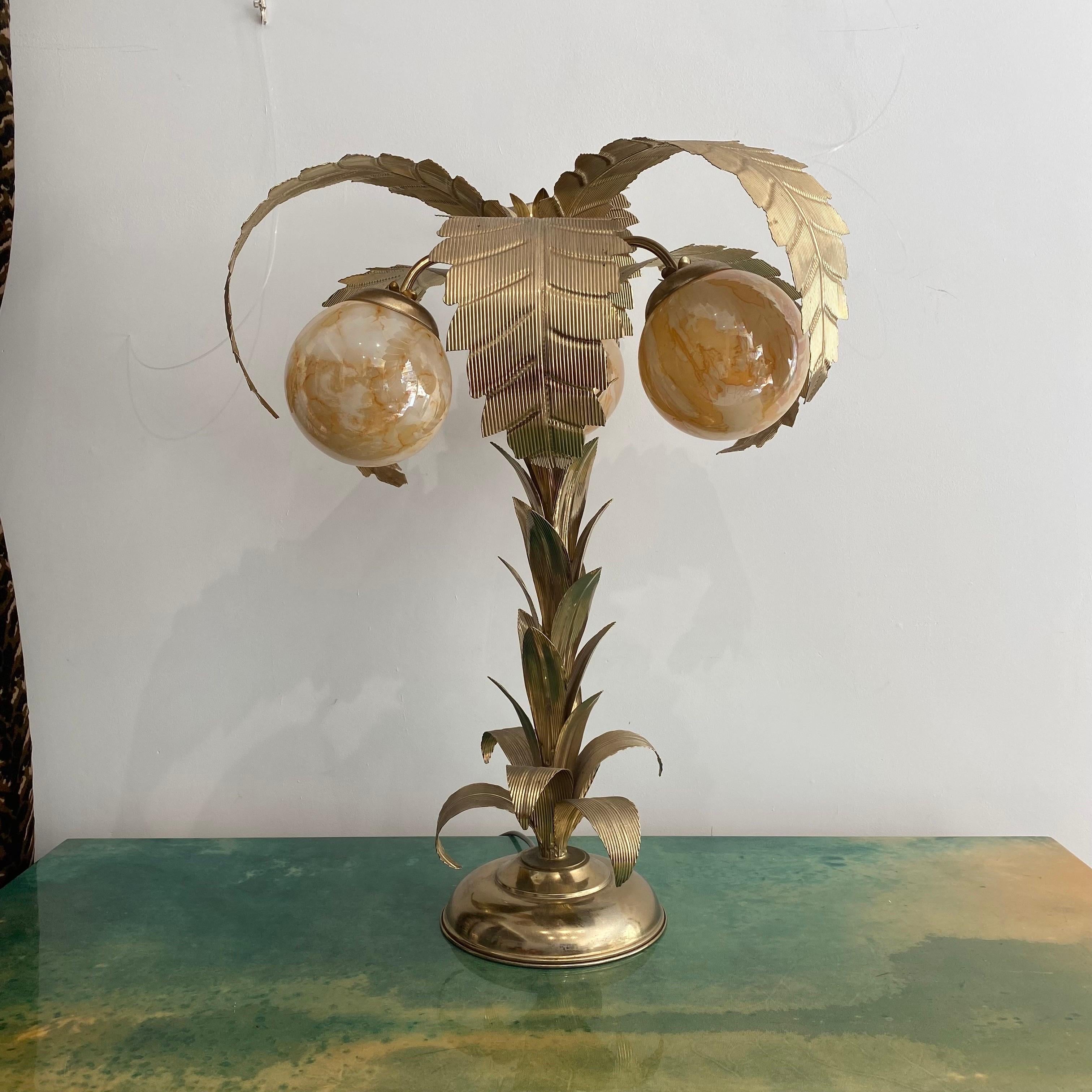 French 1970s Brass Palm Tree Table Lamp Hollywood Regency Art Deco #2 Maison Jansen  For Sale