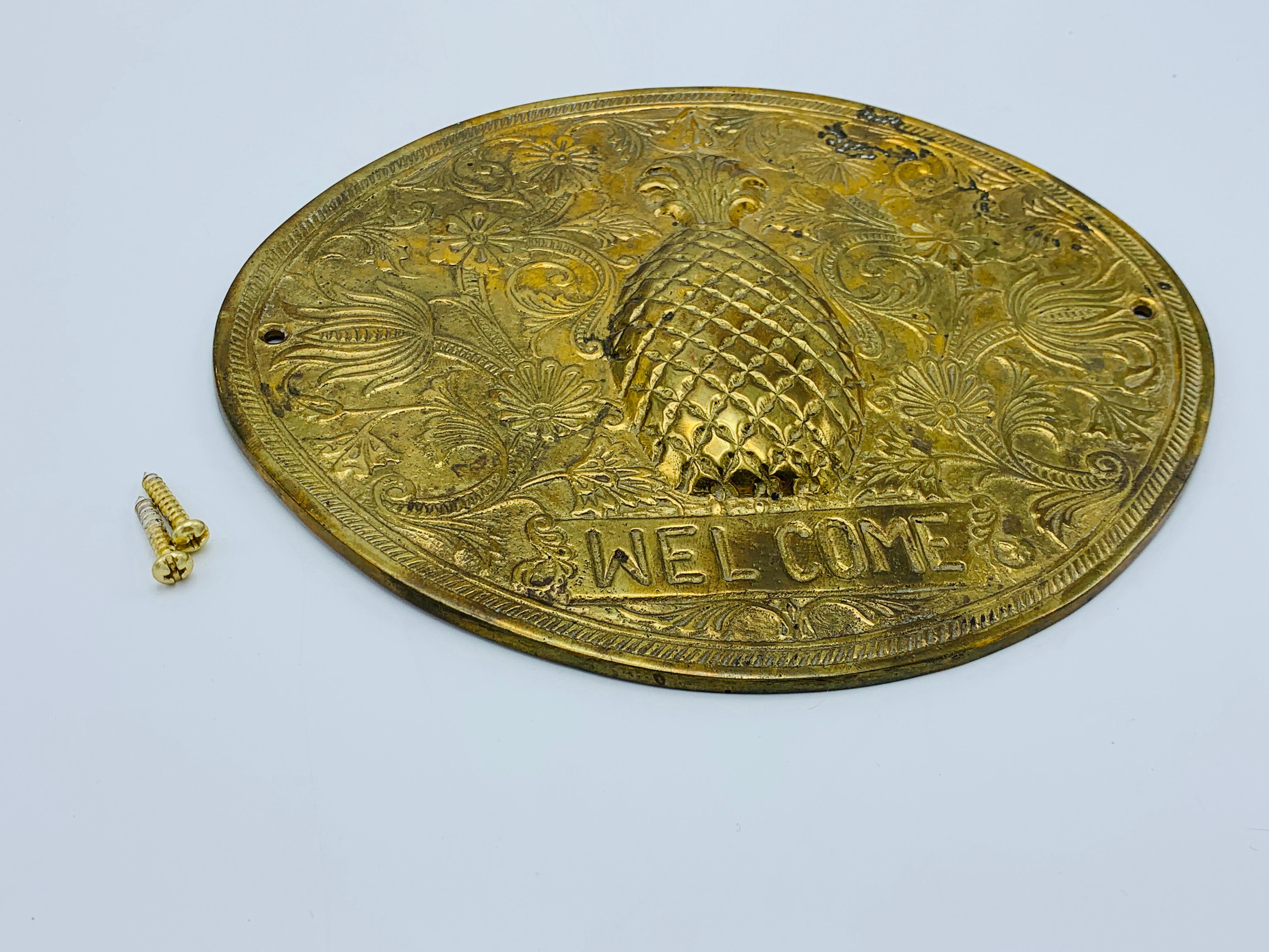 1970s Brass Pineapple 'Welcome' Plaque For Sale 7
