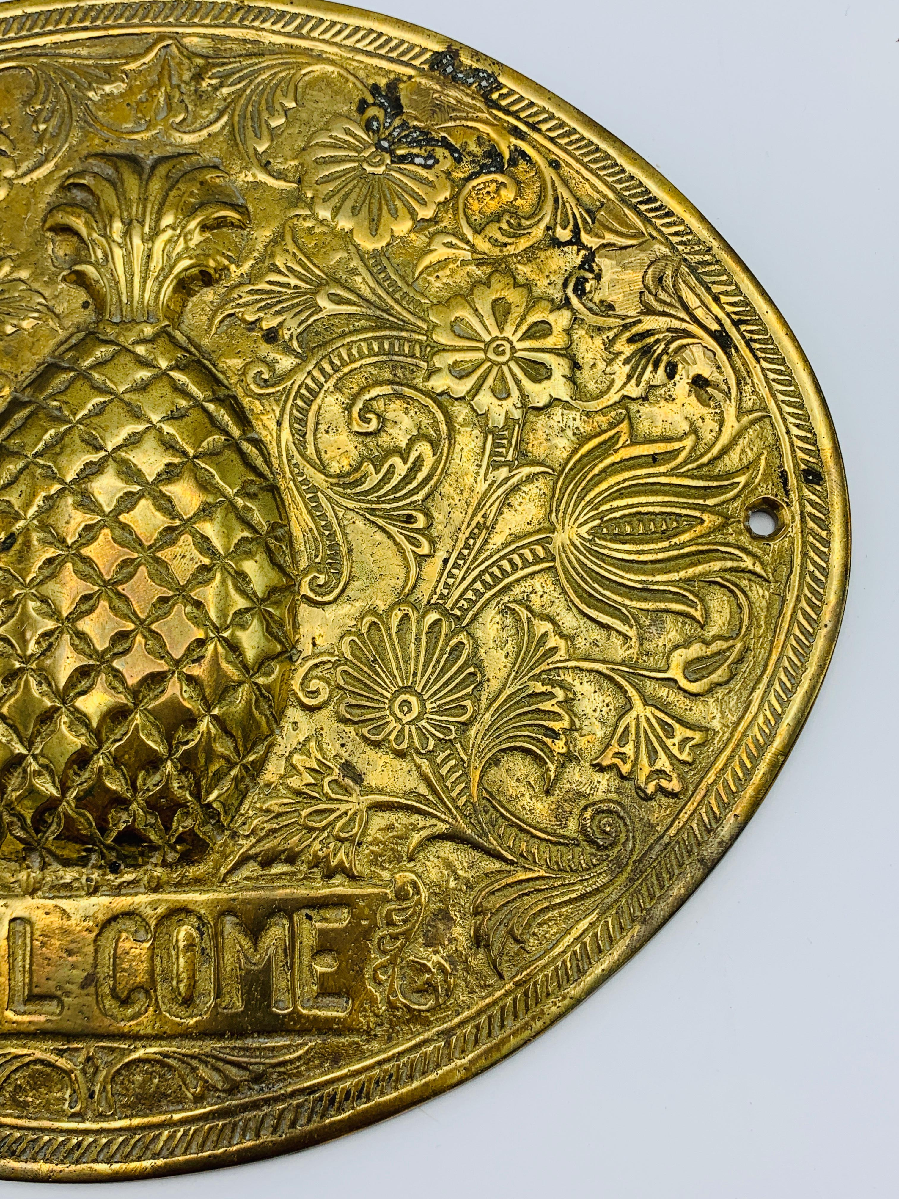 1970s Brass Pineapple 'Welcome' Plaque For Sale 1