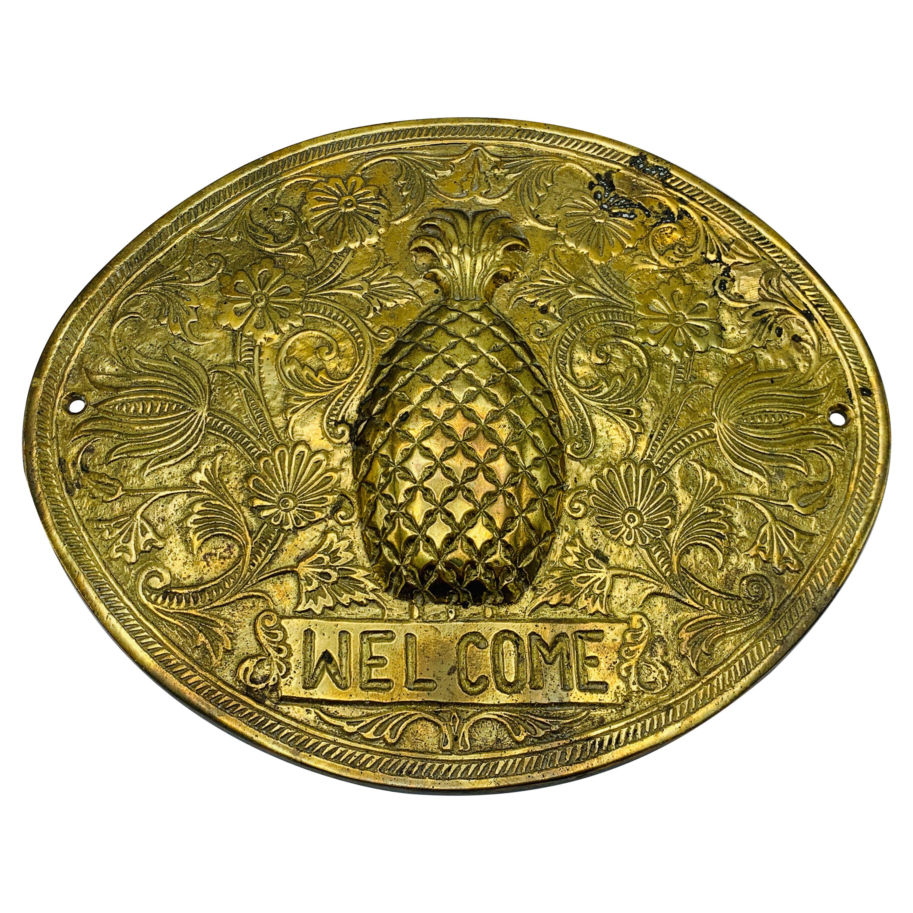 1970s Brass Pineapple 'Welcome' Plaque For Sale