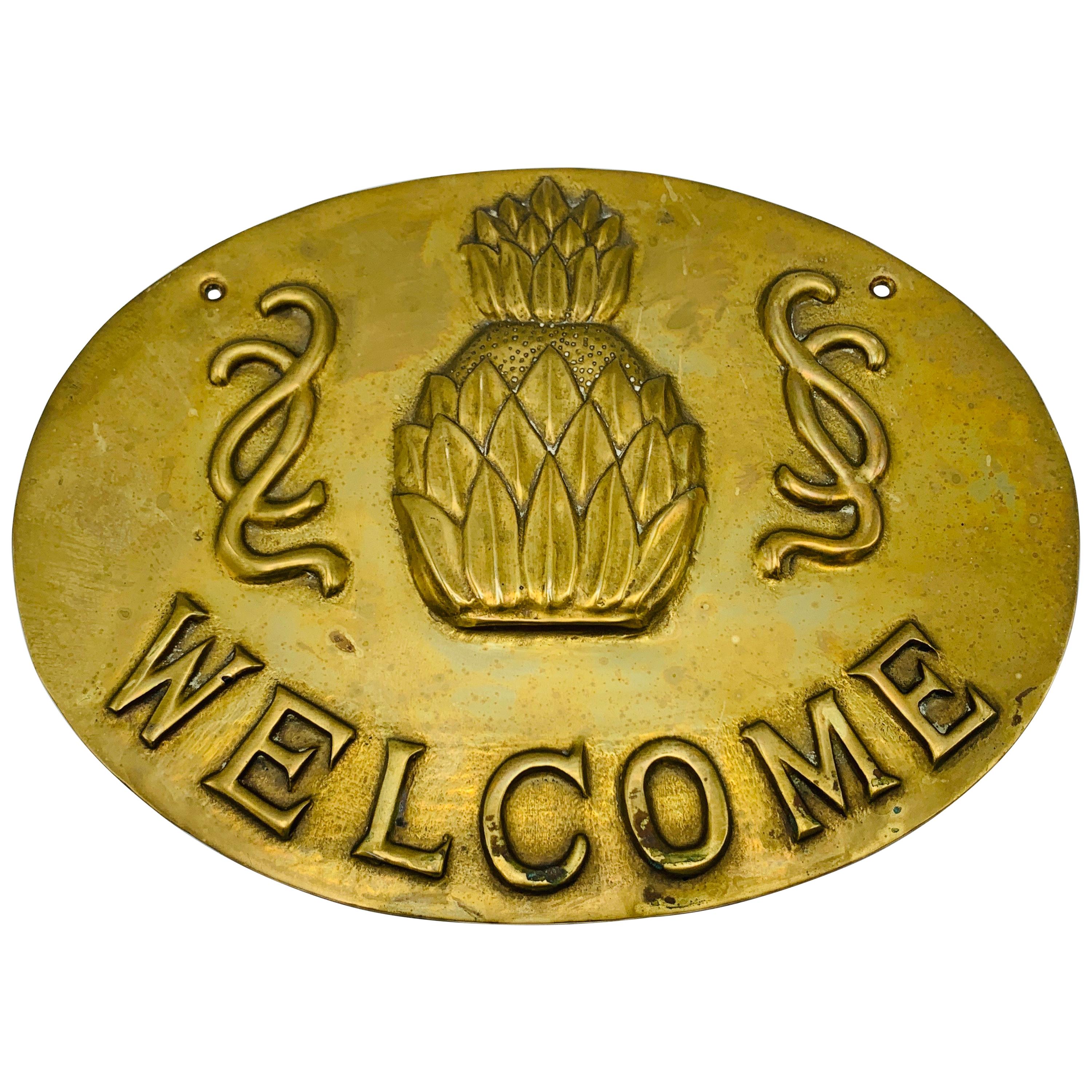 1970s Brass Pineapple 'Welcome' Wall Plaque