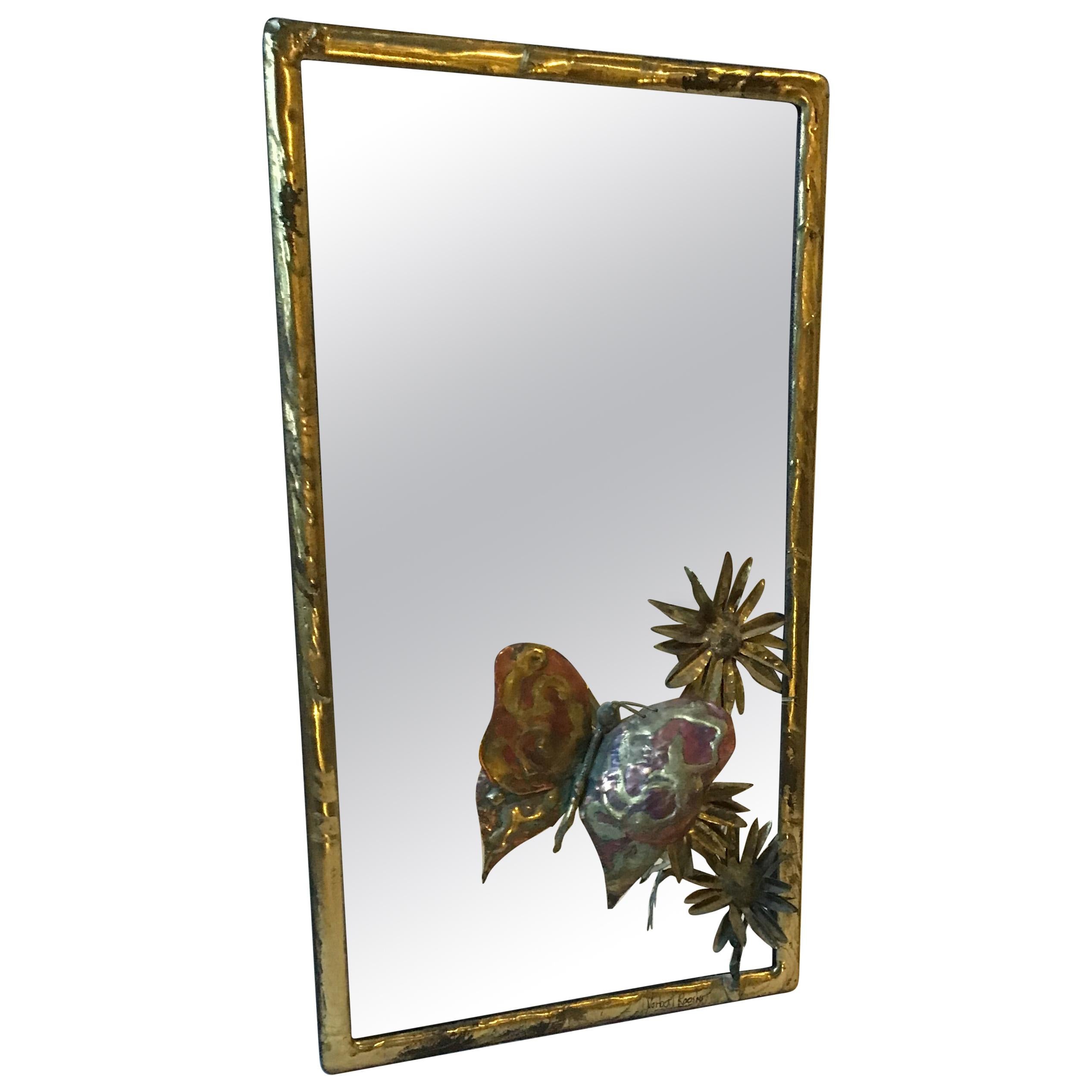 1970s  Nober Roosnr Brass Plated Small Mirror with Butterfly and Flower  For Sale