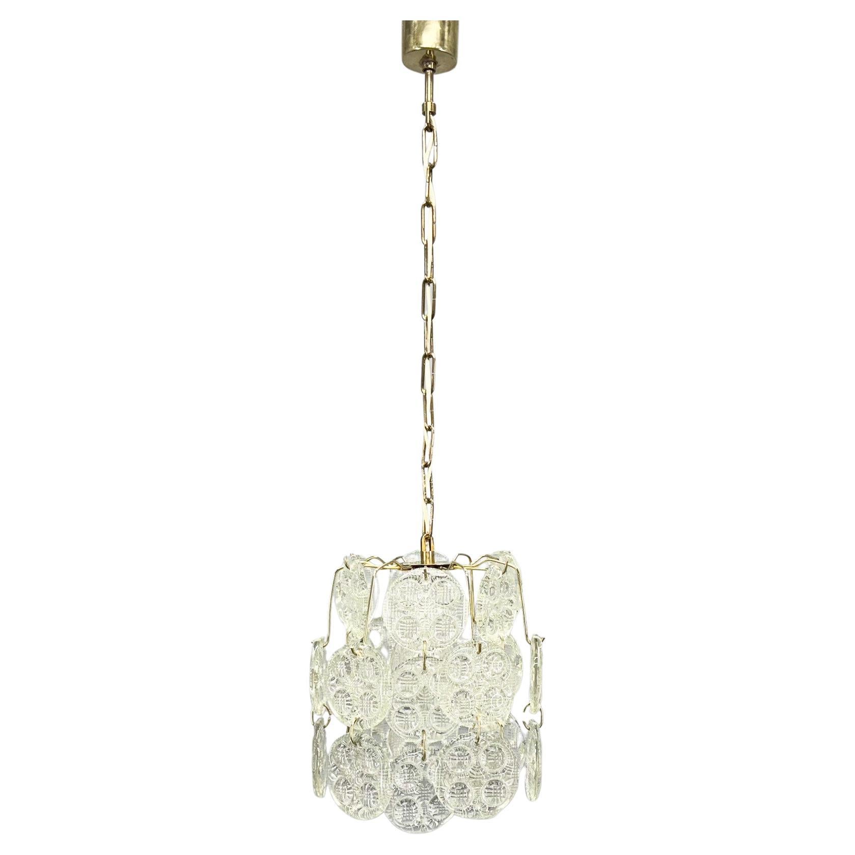1970s Brass & Pressed Glass Chandelier, Czechoslovakia