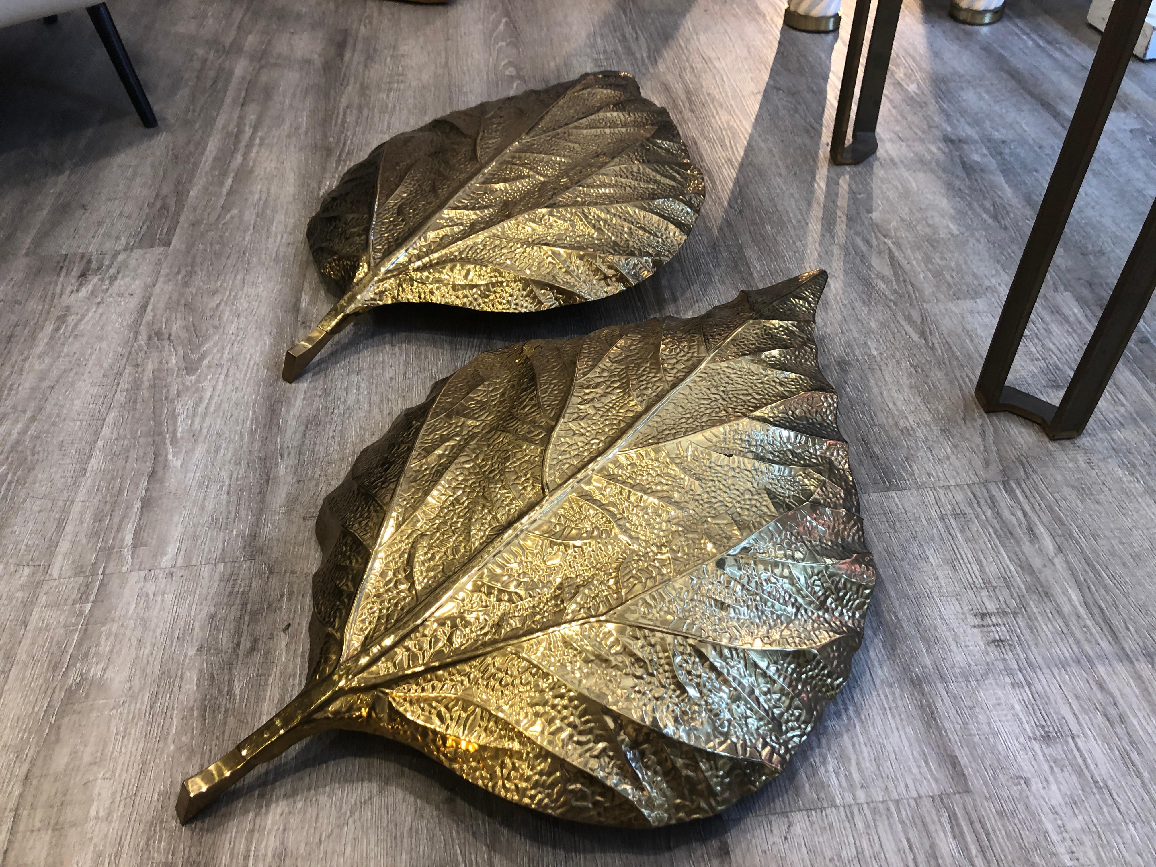 1970s Brass Rhubarb Leaves Wall Lights Attributed to Tommaso Barbi    1