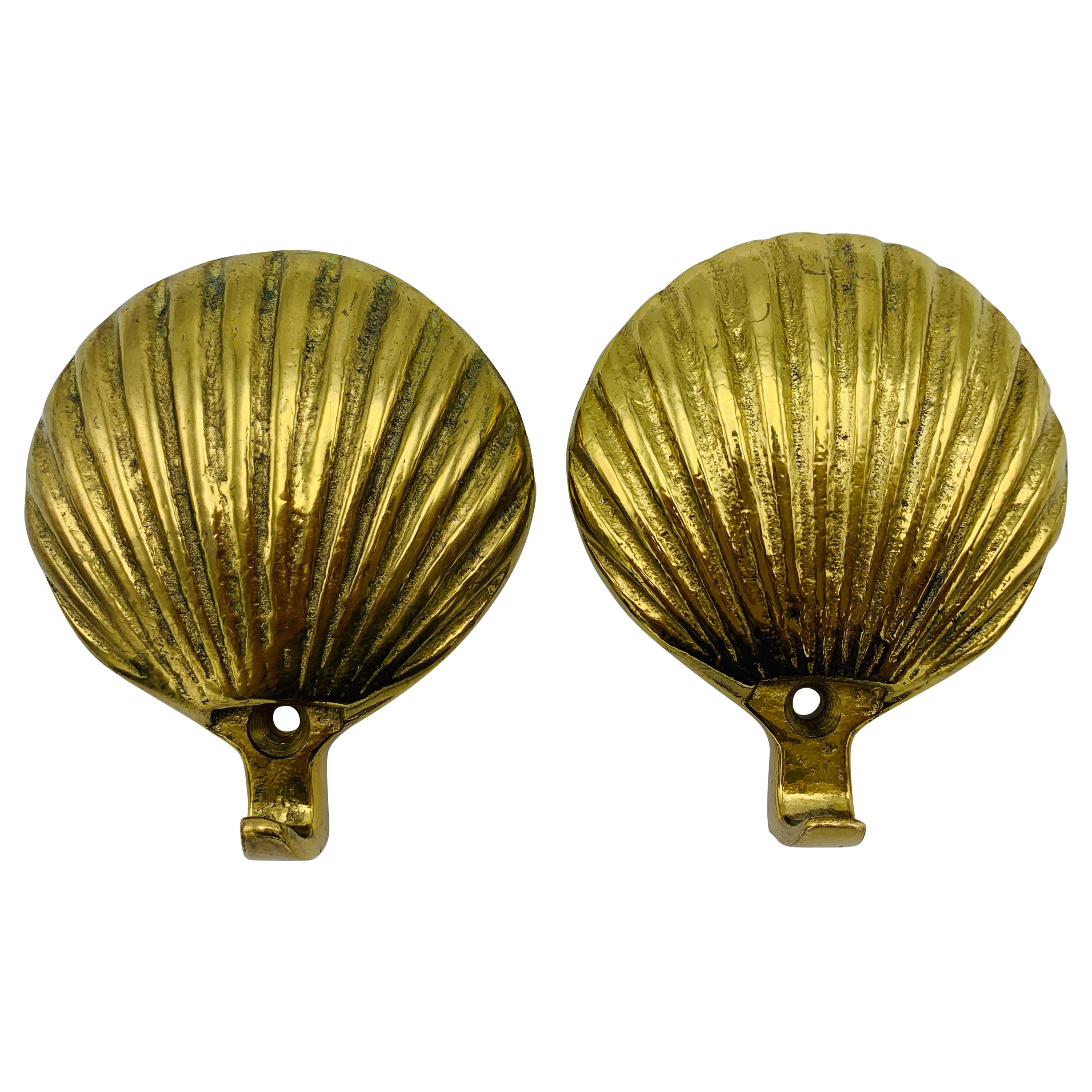 1970s Brass Seashell Wall Hooks, Pair