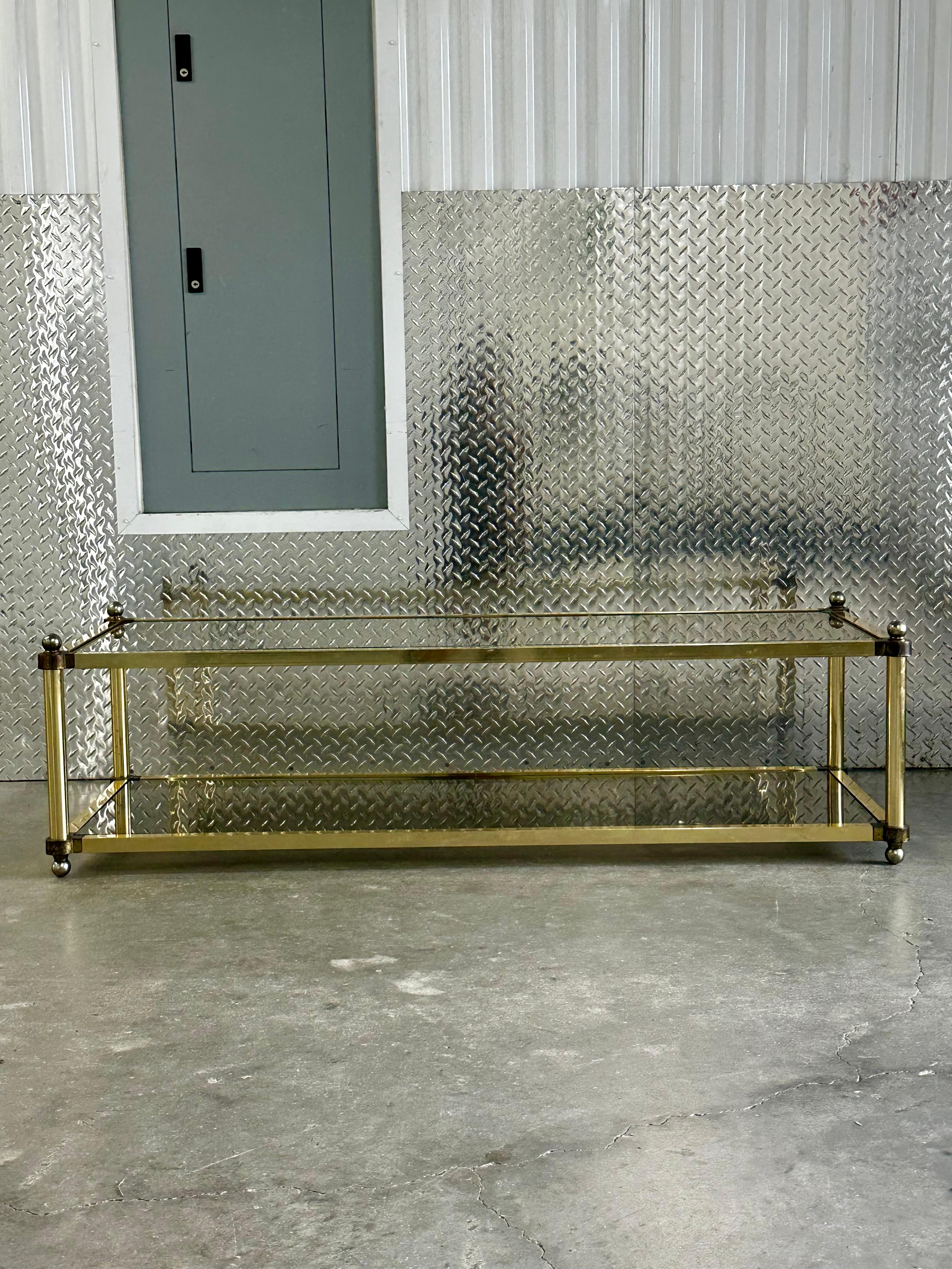 Hollywood Regency 1970s Brass Smoked Glass Jansen Italian Rectangular Coffee Table For Sale